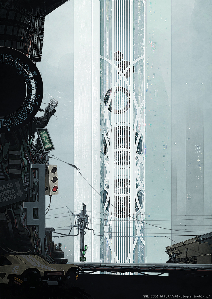 s4l (pixiv), original, light, 1boy, arrow (symbol), building, city, lamppost, power lines, road sign, ruins, sign, smoking pipe, text focus, traffic light