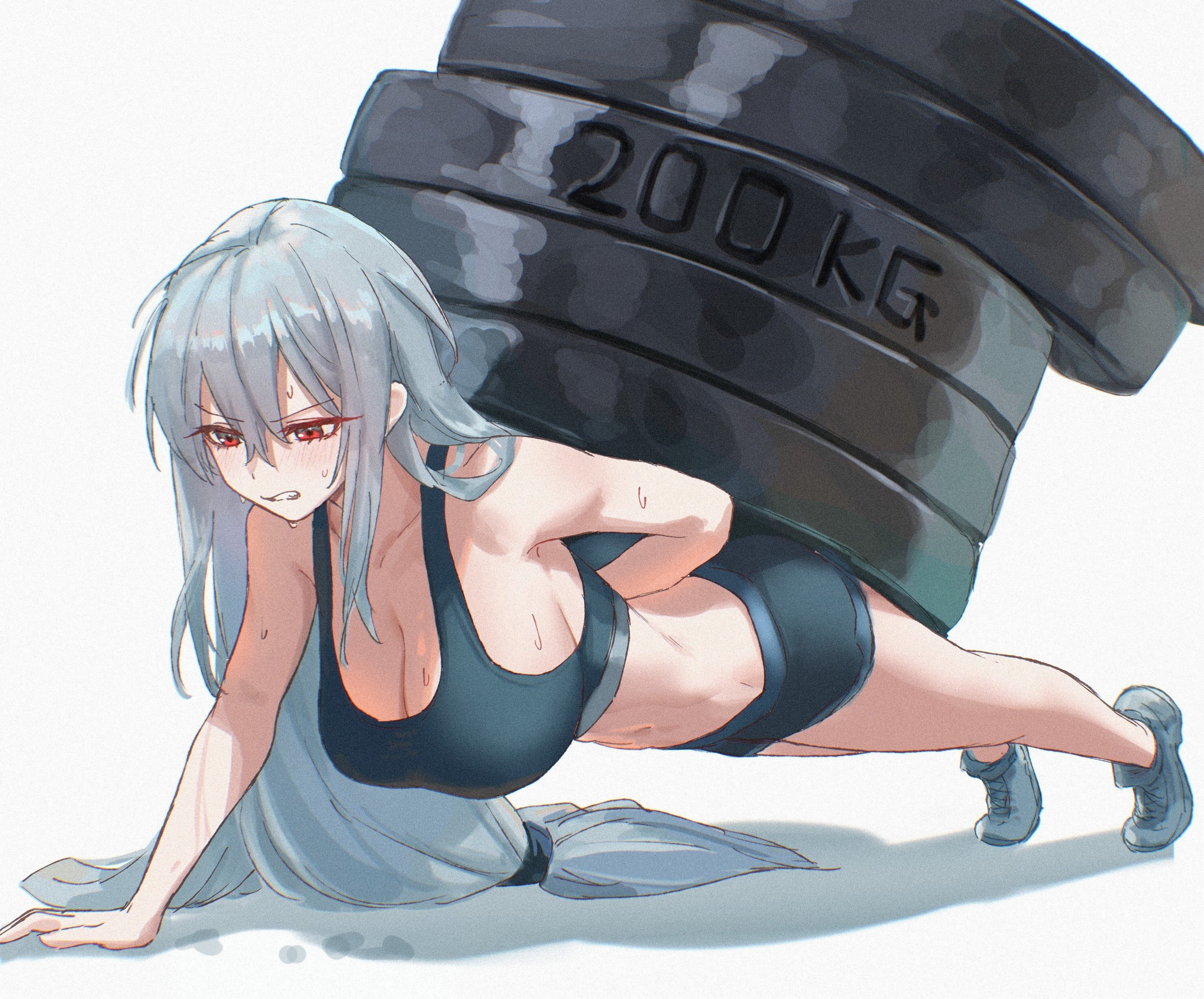uof, skadi (arknights), arknights, absurdres, commentary request, highres, revision, 1girl, arm behind back, arm support, bare shoulders, breasts, cleavage, clenched teeth, exercising, grey hair, hair between eyes, hair spread out, large breasts, long hair, push-ups, red eyes, shoes, short shorts, shorts, simple background, sneakers, solo, sports bra, sweat, teeth, very long hair, weights, white background, workout clothes