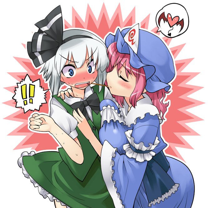 gengorou, konpaku youmu, saigyouji yuyuko, touhou, bad id, bad pixiv id, 2girls, blue eyes, blush, breast press, breasts, closed eyes, dress, female focus, flat chest, food, hat, large breasts, multiple girls, pink hair, pocky, pocky kiss, shared food, skirt, sweat, white background, white hair