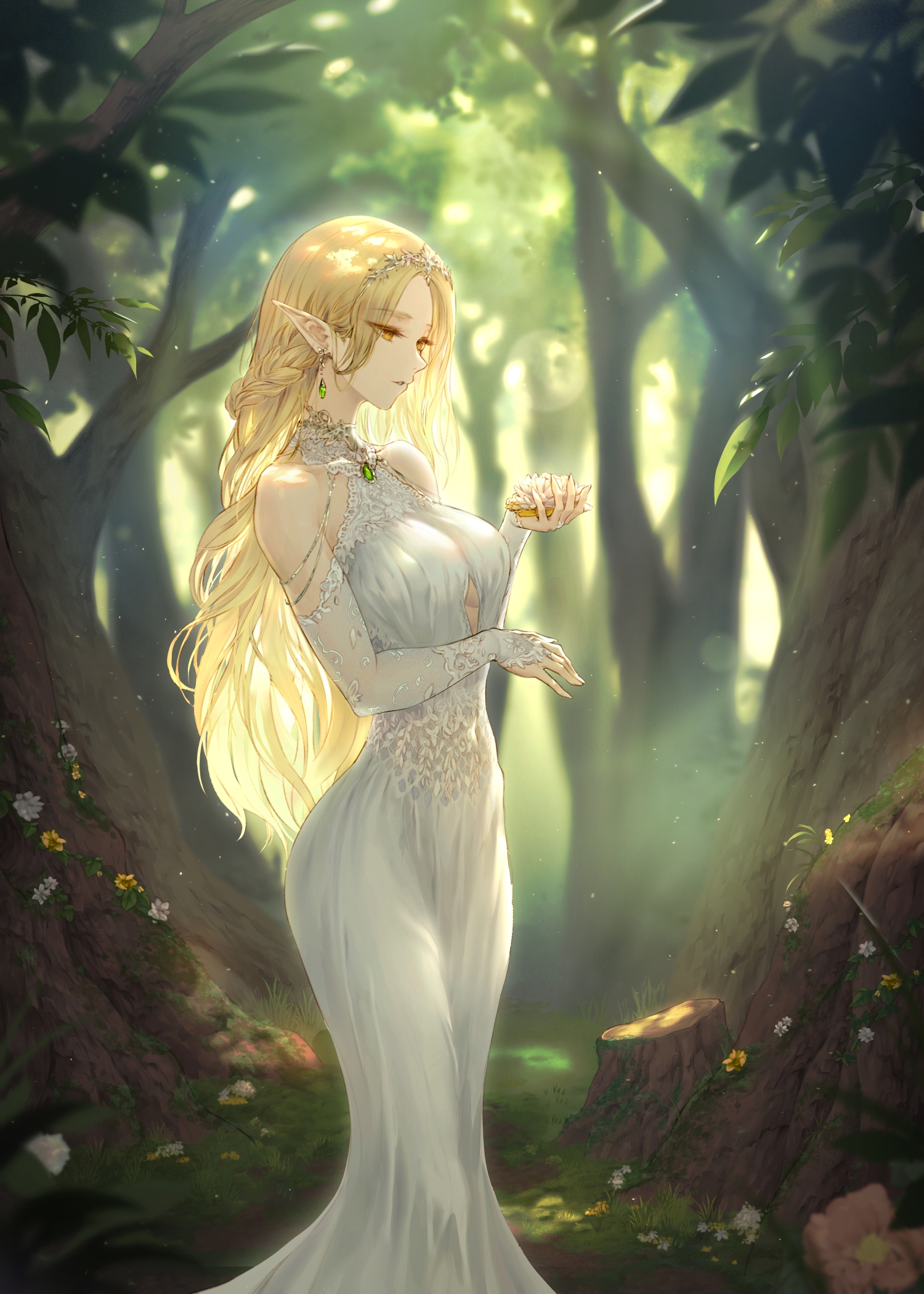 limeblock, original, highres, 1girl, bare shoulders, blonde hair, breasts, bridal gauntlets, brown eyes, clothing cutout, dress, earrings, elf, feet out of frame, flower, forest, gem, green gemstone, holding, holding flower, jewelry, lace, lace-trimmed dress, lace trim, large breasts, long dress, long hair, mermaid dress, nature, outdoors, pointy ears, solo, tiara, tree, very long hair, white bridal gauntlets, white dress, white flower, yellow flower