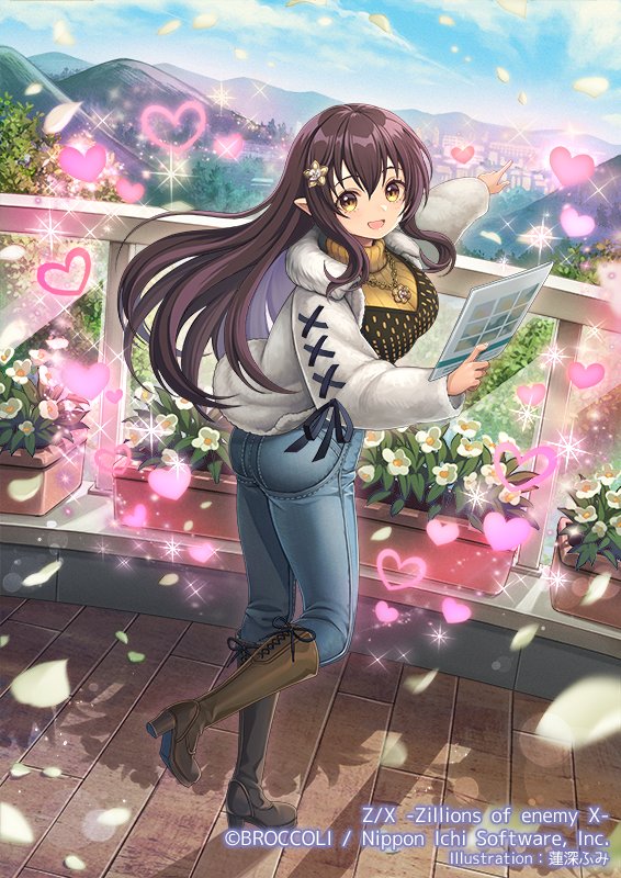 hasumi fumi, z/x, official art, 1girl, black hair, black vest, boots, brown boots, cityscape, copyright notice, denim, fur-trimmed jacket, fur trim, hair ornament, heart, holding, holding paper, jacket, jeans, jewelry, leaf, long hair, long sleeves, looking at viewer, looking back, mountain, necklace, open mouth, outdoors, pants, paper, pecteilis, petals, planter, pointing, pointy ears, ribbed sweater, rooftop, solo, sparkle, standing, standing on one leg, sweater, turtleneck, turtleneck sweater, vest, white jacket, yellow eyes, yellow sweater