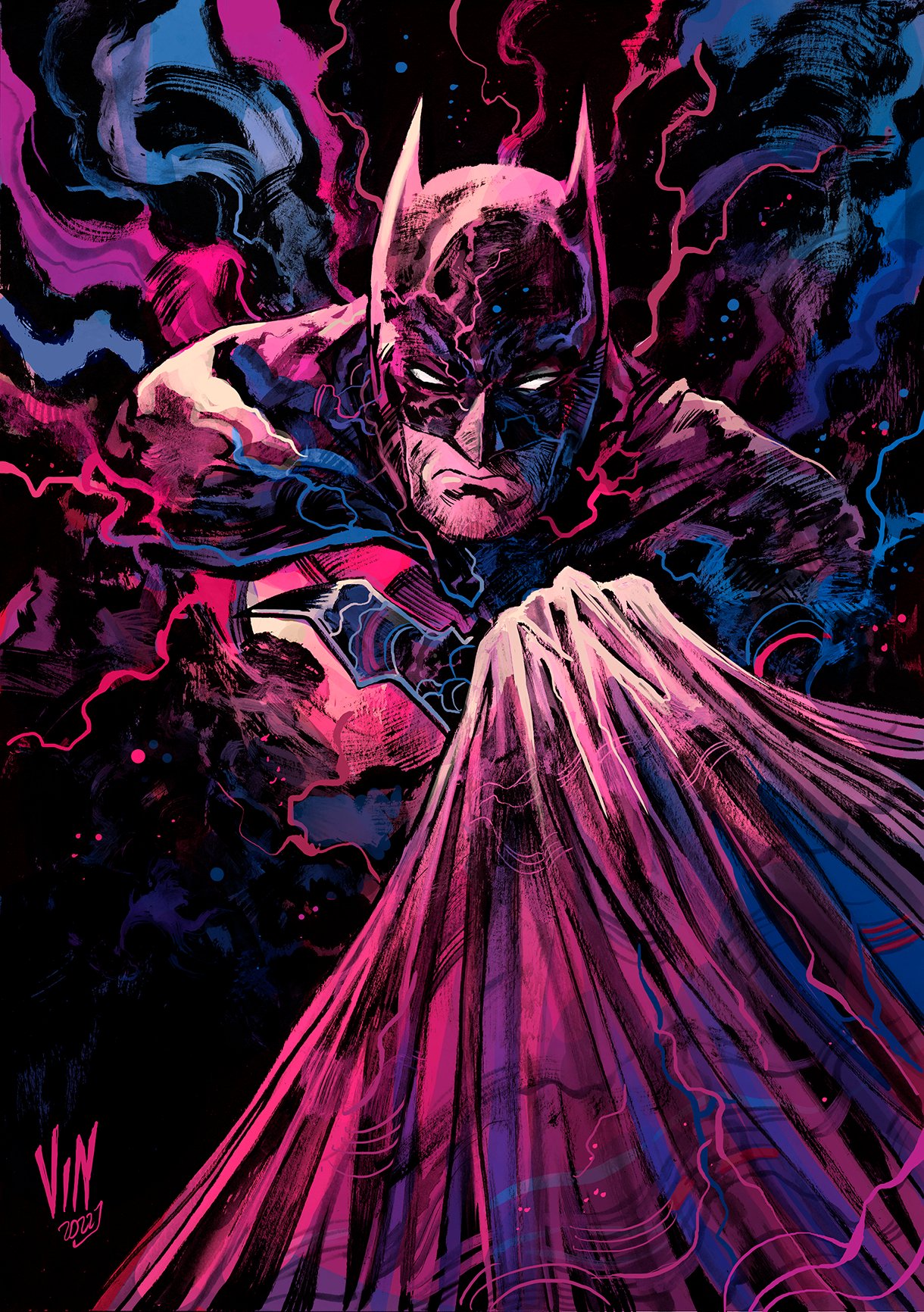 vinartwork, batman, bruce wayne, batman (series), dc comics, highres, mixed media, nib pen (medium), pen (medium), traditional media, abstract background, artist name, batman symbol, black background, black cape, blue background, bodysuit, cape, closed mouth, grey bodysuit, holding, male focus, mask, signature, solo, superhero costume, taut bodysuit, western comics (style)