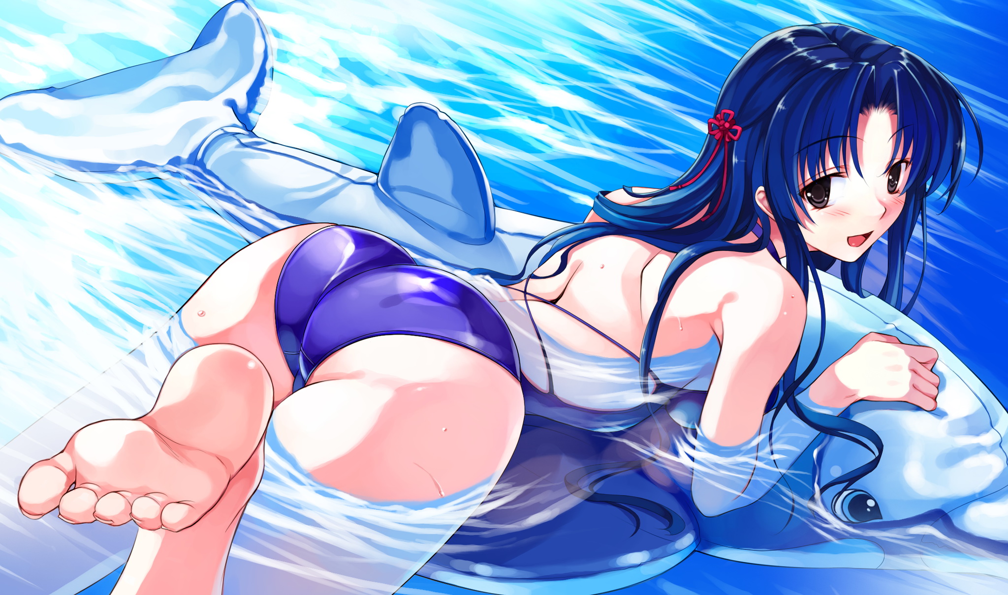 cradle (artist), misaki kurehito, koga sayoko, suiheisen made nan mile?, highres, reference work, ass, back, barefoot, black eyes, blue hair, dolphin, feet, inflatable dolphin, inflatable raft, long hair, long toenails, one-piece swimsuit, soles, swimsuit, toenails, water