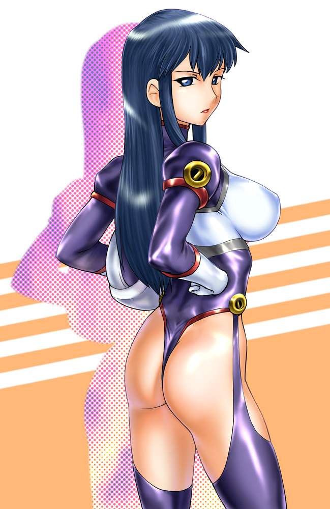 ueyama michirou, fujimura shizuru, shinkon gattai godannar!!, 00s, 1girl, ass, blue eyes, blue hair, breasts, covered erect nipples, cowboy shot, expressionless, female focus, from side, garter straps, gloves, halftone, helmet, holding, impossible clothes, impossible leotard, large breasts, leotard, lipstick, long hair, looking at viewer, looking back, makeup, matching hair/eyes, orange background, shadow, shiny clothes, sidelocks, solo, striped background, thighhighs, thong, thong leotard, turtleneck, unworn headwear, unworn helmet, white background