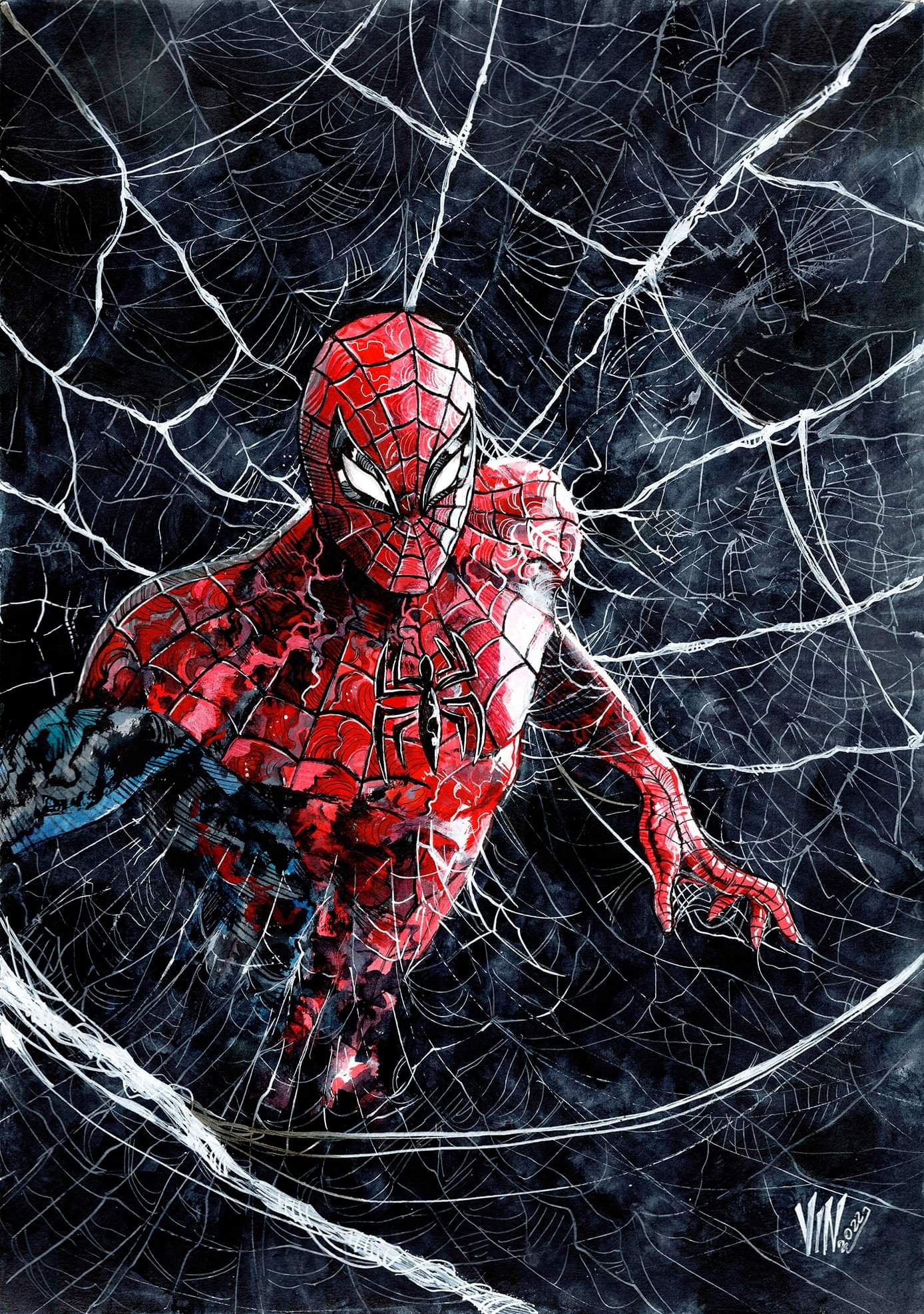 vinartwork, peter parker, spider-man, marvel, spider-man (series), highres, mixed media, nib pen (medium), pen (medium), traditional media, 1boy, abstract background, alternate color, animal print, artist name, black background, black bodysuit, bodysuit, mask, print bodysuit, red bodysuit, red mask, signature, silk, solo, spider print, spider web, spider web background, spider web pattern, spider web print, superhero costume, two-tone bodysuit, western comics (style)
