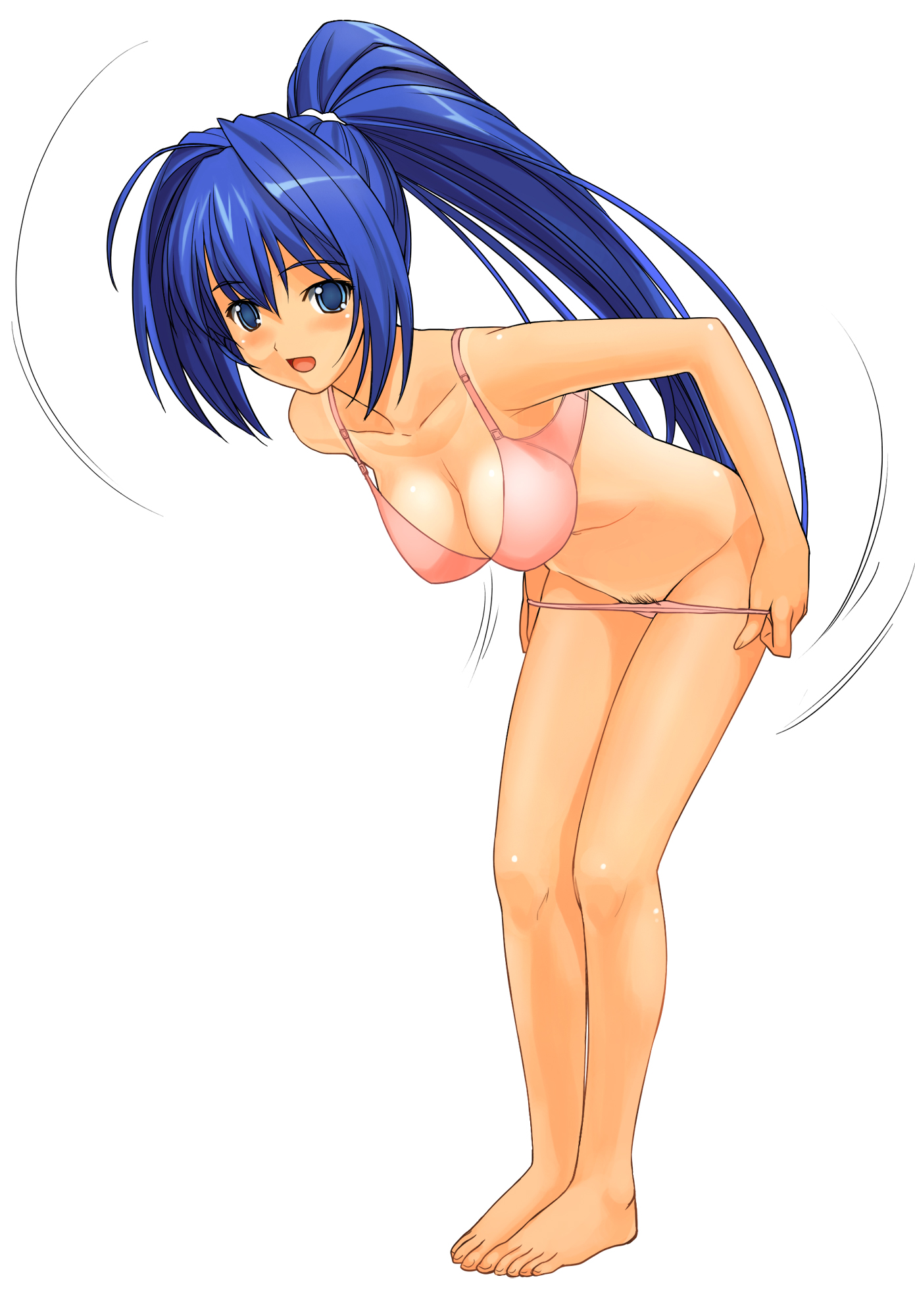 a1 (initial-g), hayase mitsuki, kimi ga nozomu eien, highres, 00s, 1girl, barefoot, bent over, bikini tan, blue eyes, blue hair, blush, bra, breasts, cleavage, feet, female focus, female pubic hair, full body, leaning forward, lingerie, long hair, matching hair/eyes, medium breasts, open mouth, panties, panty pull, ponytail, pubic hair, simple background, solo, standing, tan, tanline, toes, underwear, underwear only, undressing, white background