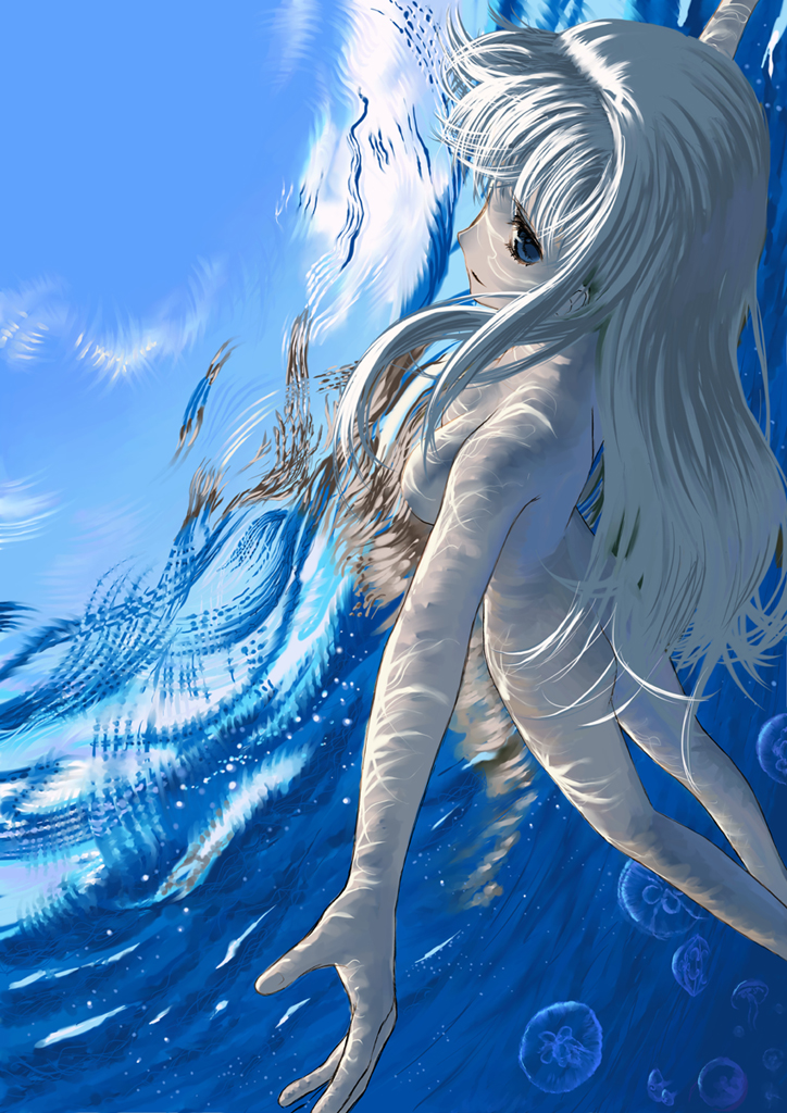 mocha, sheryl nome, macross, macross frontier, 00s, 1girl, blonde hair, blue eyes, female focus, jellyfish, long hair, nude, solo, underwater, water
