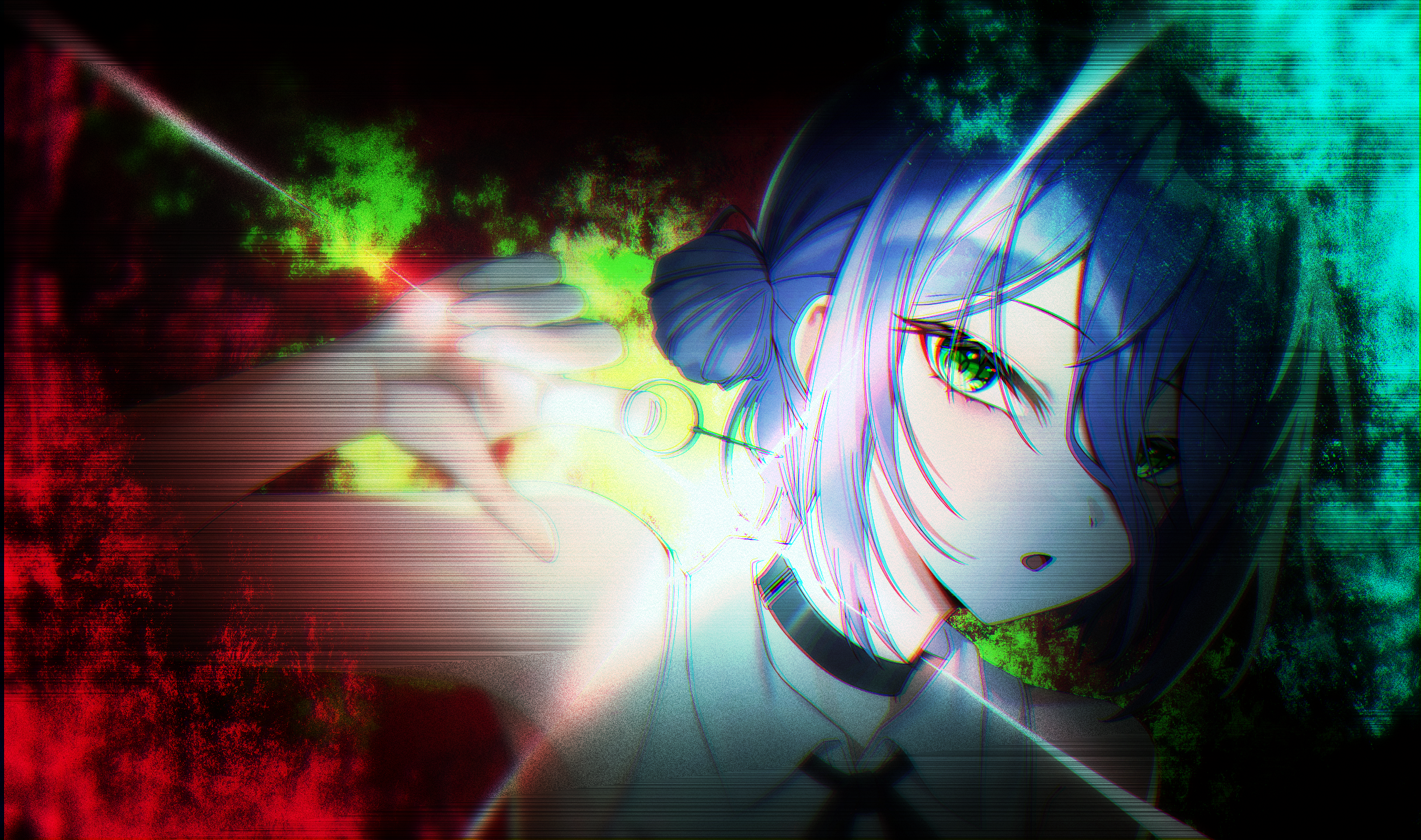 tjrwnsleo, reze (chainsaw man), chainsaw man, highres, 1girl, black choker, blue hair, choker, collared shirt, green eyes, grenade pin, hair between eyes, hair bun, looking at viewer, open mouth, shirt, sleeveless, sleeveless shirt, solo, white shirt