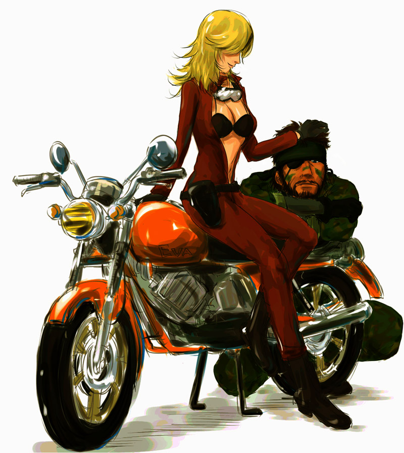 isomine, big boss, eva (metal gear), naked snake, konami, metal gear (series), metal gear solid 3: snake eater, vehicle, 1boy, 1girl, blonde hair, breasts, eyepatch, faux traditional media, goggles, long hair, motor vehicle, motorcycle, speed painting