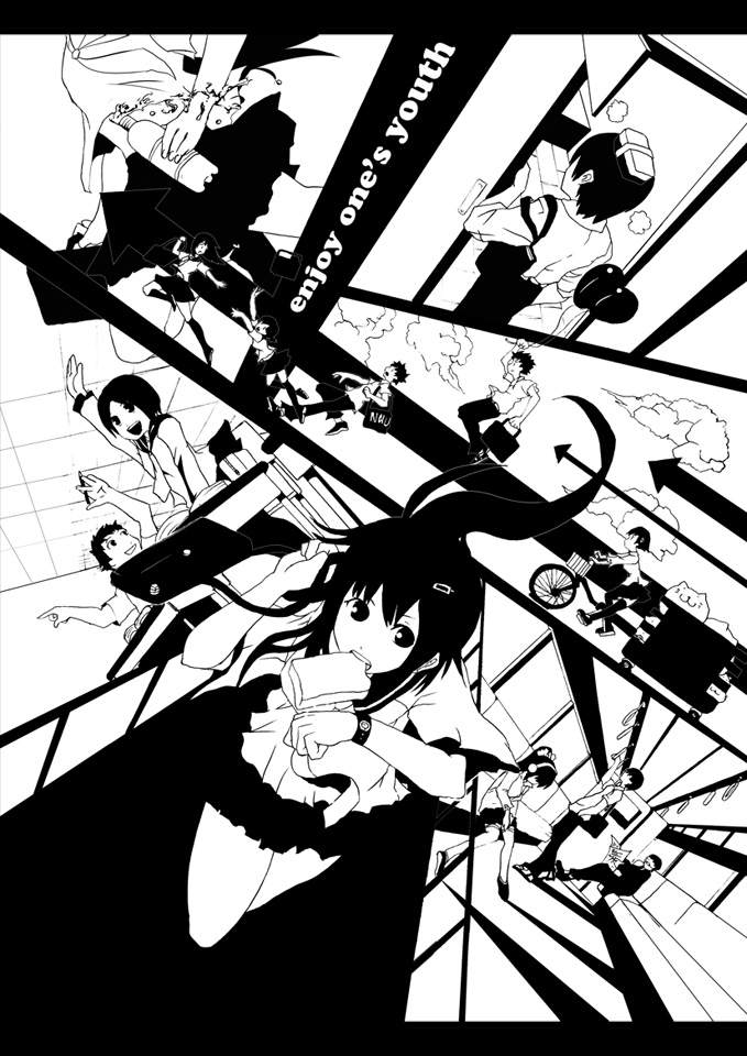 nauribon, 6+boys, 6+girls, black hair, bread slice, english text, food, food in mouth, greyscale, high contrast, letterboxed, monochrome, mouth hold, multiple boys, multiple girls, school uniform, serafuku, toast, toast in mouth