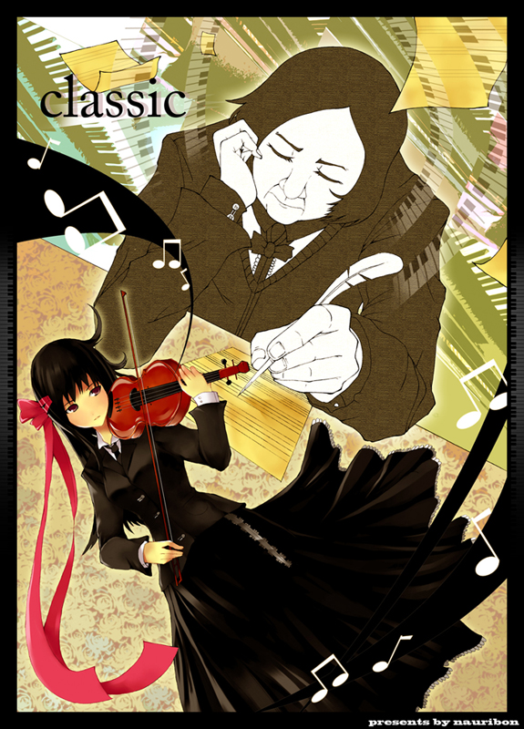 nauribon, 1boy, 1girl, beamed quavers, black hair, dress, instrument, musical note, partially colored, piano, quaver, red eyes, ribbon, sheet music, violin, writing