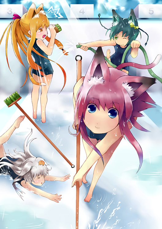 nauribon, original, silver hair, > <, 4girls, ;), ^^^, animal ears, barefoot, bent over, blonde hair, blue eyes, blue one-piece swimsuit, braid, broom, cat ears, cleaning, cleaning brush, closed eyes, clumsy, empty pool, green hair, head bump, hose, light rays, long hair, looking at viewer, multiple girls, one-piece swimsuit, one eye closed, pool, puddle, red hair, school swimsuit, sidelocks, sideways mouth, smile, sunbeam, sunlight, swimsuit, tripping, twin braids, wet