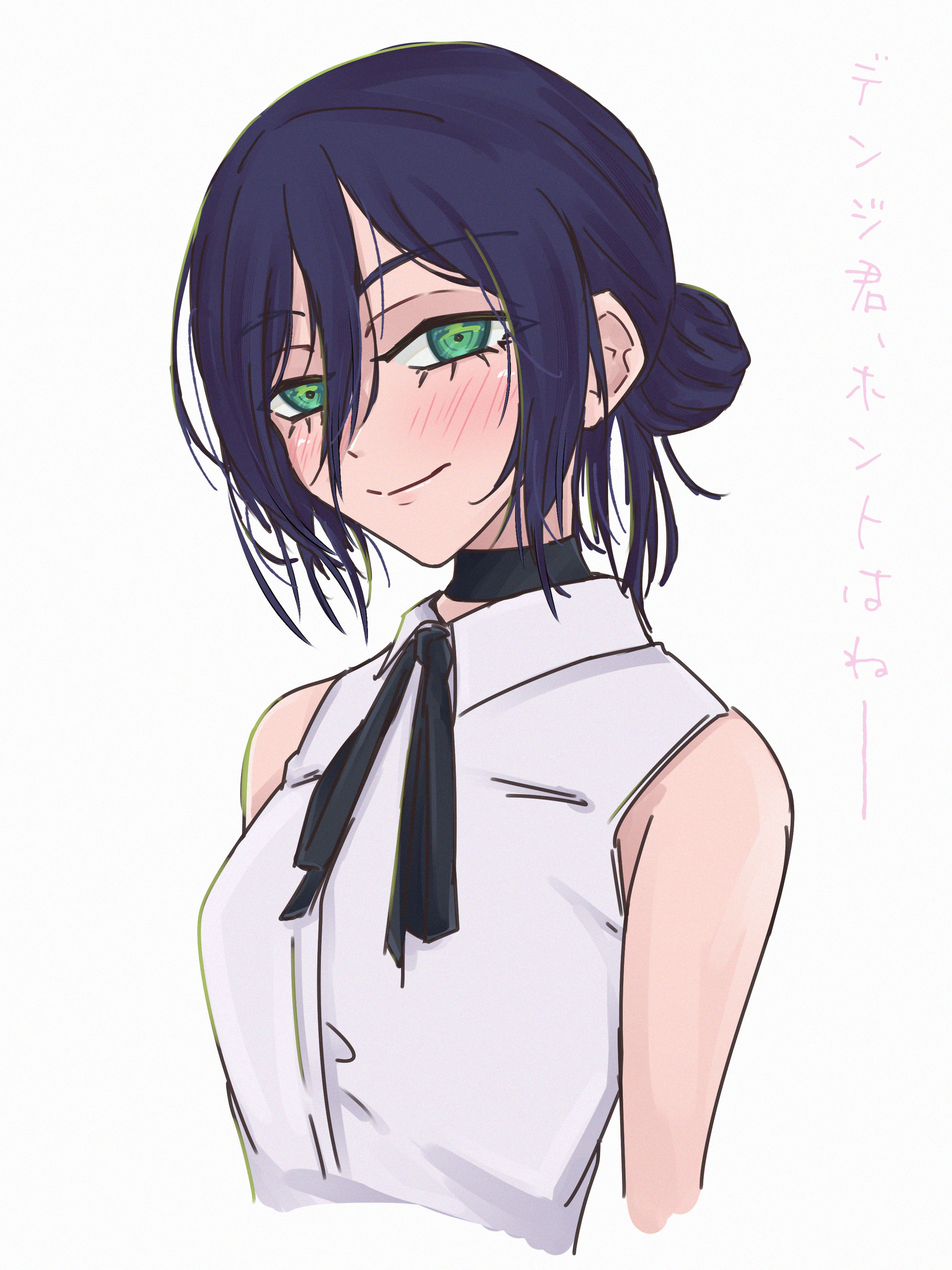 ao1 len, reze (chainsaw man), chainsaw man, absurdres, highres, translation request, 1girl, black choker, black ribbon, choker, collared shirt, neck ribbon, ribbon, shirt, simple background, sleeveless, sleeveless shirt, solo, white background, white shirt