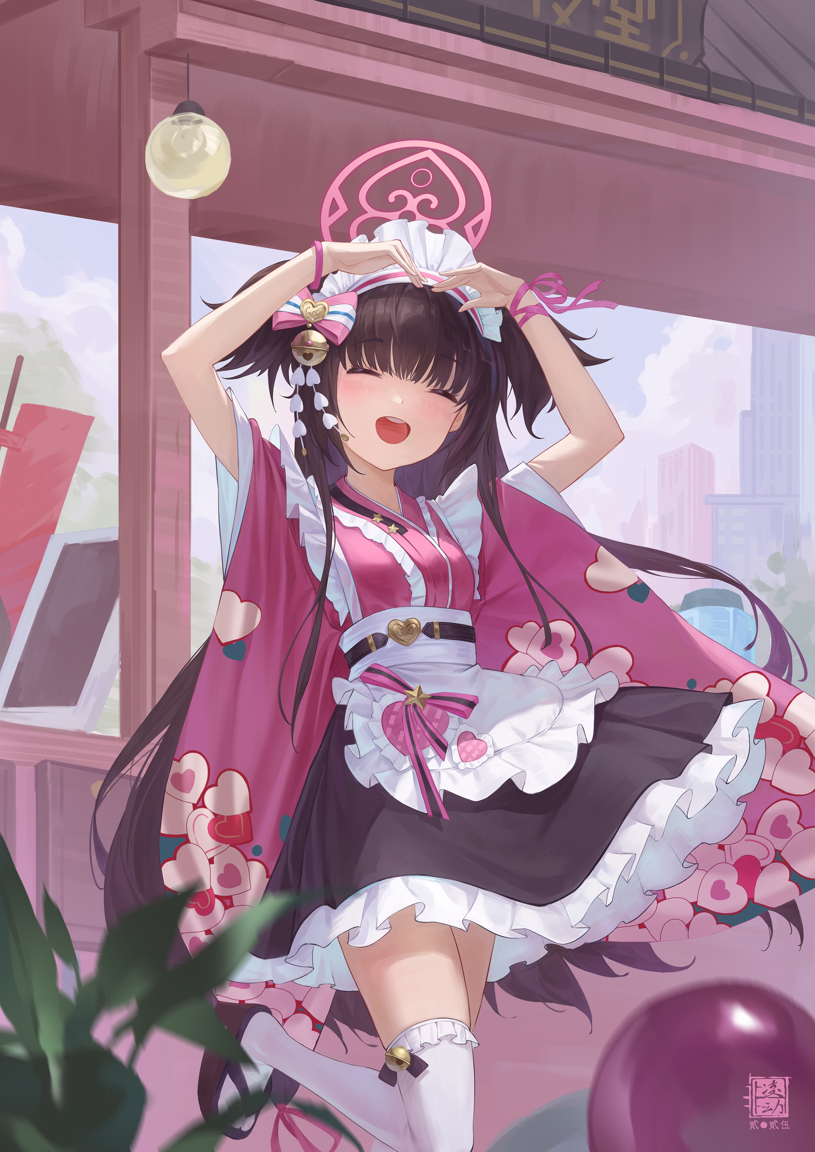 feilingdong, shizuko (blue archive), blue archive, absurdres, highres, 1girl, :d, apron, artist logo, bell, belt, bow, brown hair, closed eyes, day, floral print, floral print kimono, foot up, frilled apron, frilled kimono, frilled skirt, frilled thighhighs, frills, hair bell, hair bow, hair ornament, halo, happy, heart arms, japanese clothes, kanzashi, kimono, kimono skirt, legwear bell, light blush, logo, long hair, maid, maid headdress, okobo, open mouth, outdoors, pink bow, pink halo, pink ribbon, pink skirt, platform sandals, print kimono, ribbon, sandals, skirt, smile, standing, thighhighs, two side up, vending cart, wa maid, waist apron, wall lamp, white apron, white thighhighs, wrist ribbon