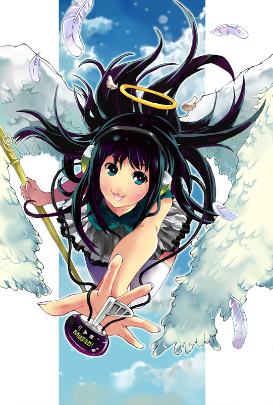 nauribon, :3, black hair, blue eyes, digital media player, feathers, halo, headphones, long hair, solo, traditional halo, wings