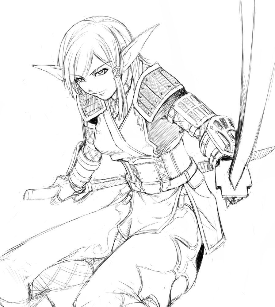 tagme, elf, monochrome, pointy ears, samurai, sword, weapon
