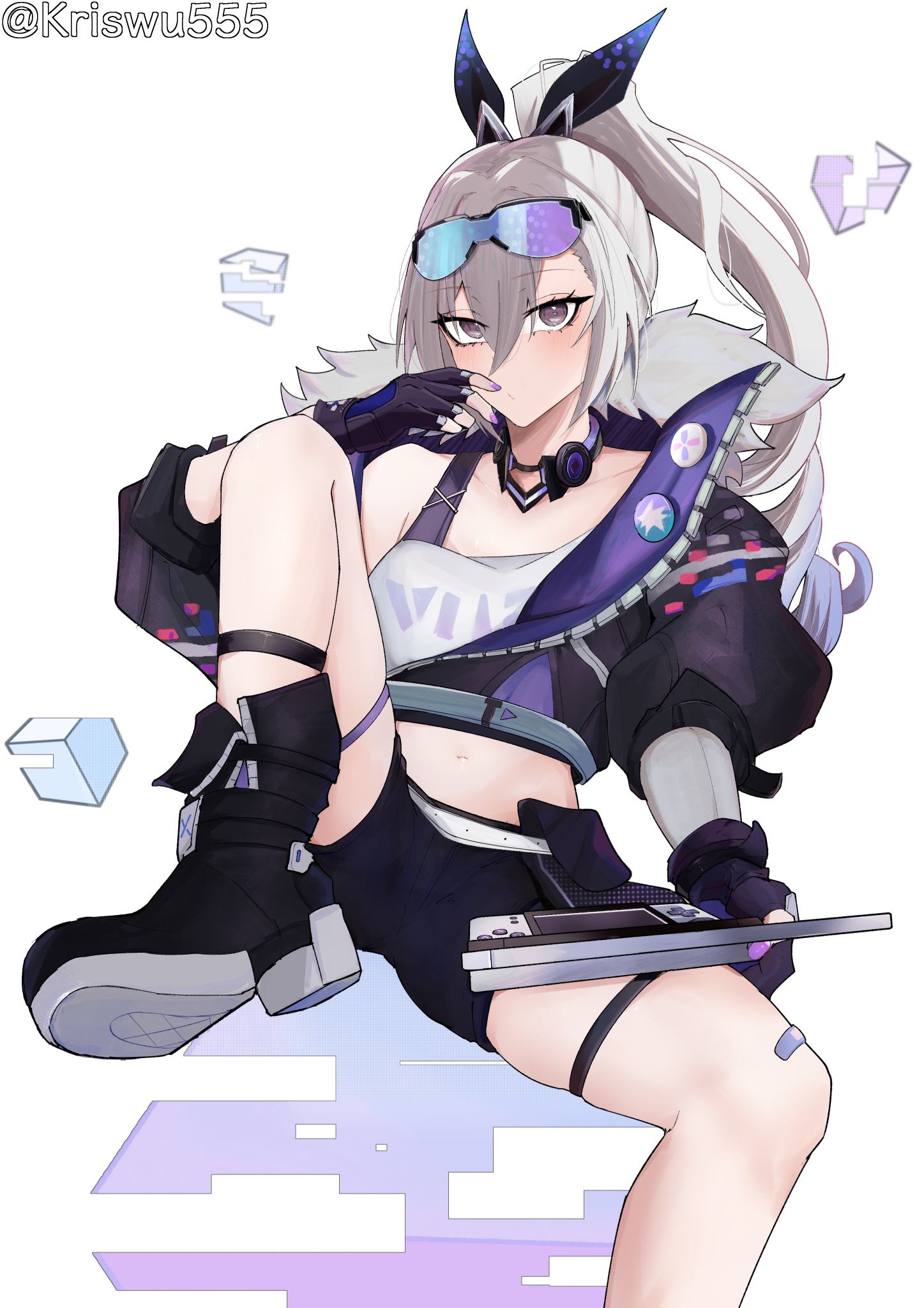 wuwuwu (kriswu555), silver wolf (honkai: star rail), honkai: star rail, honkai (series), commentary request, highres, 1girl, black gloves, black jacket, black shorts, breasts, crop top, drill hair, fingerless gloves, gloves, goggles, goggles on head, grey eyes, grey hair, handheld game console, holding, holding handheld game console, jacket, long hair, short shorts, shorts, simple background, small breasts, solo, twitter username, white background