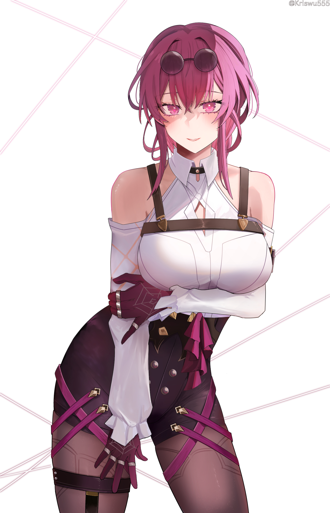 wuwuwu (kriswu555), kafka (honkai: star rail), honkai: star rail, honkai (series), highres, 1girl, bare shoulders, black pantyhose, black shorts, breasts, eyewear on head, gloves, high-waist shorts, large breasts, looking at viewer, pantyhose, purple eyes, purple gloves, purple hair, round eyewear, shirt, short hair, shorts, simple background, sunglasses, white background, white shirt