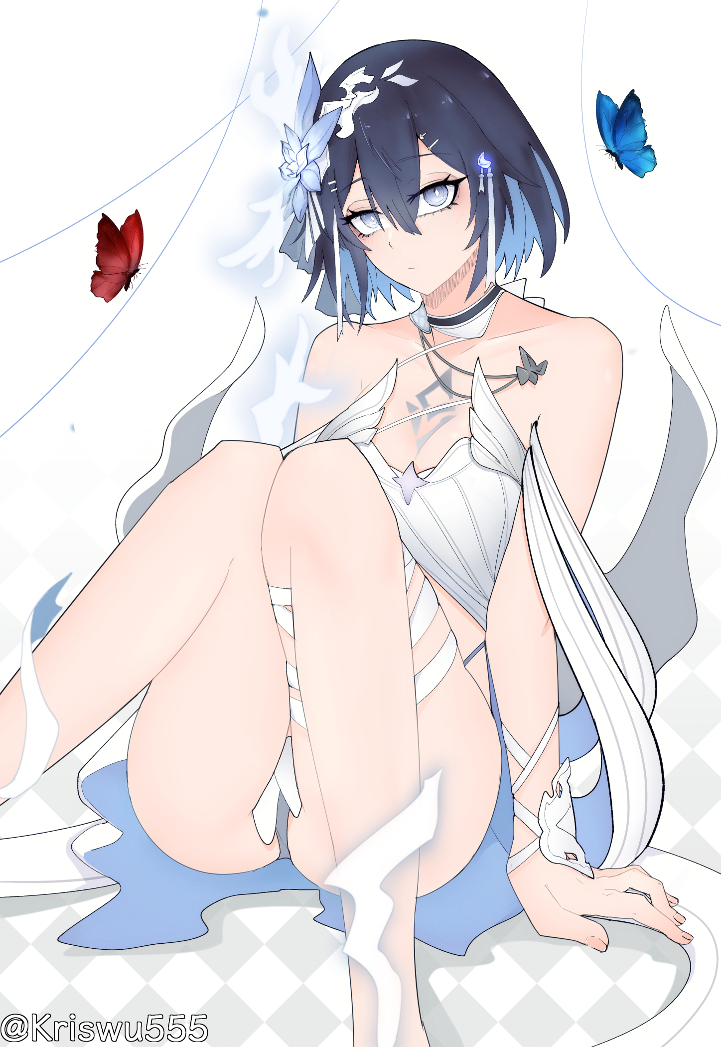 wuwuwu (kriswu555), seele vollerei, seele vollerei (herrscher of rebirth), honkai (series), honkai impact 3rd, highres, 1girl, bare shoulders, blue eyes, blue hair, breasts, bug, butterfly, chest tattoo, colored inner hair, dress, flower, hair flower, hair ornament, insect, knees up, looking at viewer, medium breasts, multicolored hair, short hair, simple background, sitting, solo, tattoo, thighs, twitter username, two-tone hair, white background, white dress