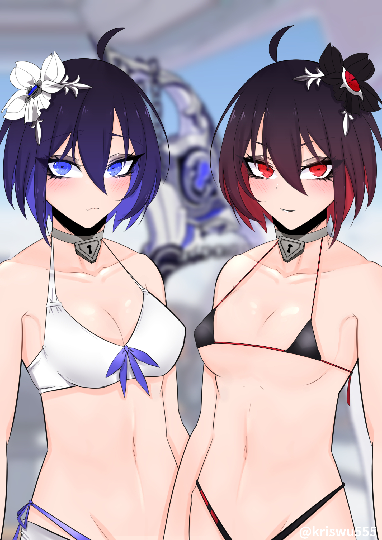wuwuwu (kriswu555), seele (alter ego), seele vollerei, honkai (series), honkai impact 3rd, commentary request, highres, 2girls, ahoge, alternate costume, bikini, black bikini, black hair, blue eyes, blue hair, breasts, dual persona, flower, hair flower, hair ornament, medium breasts, micro bikini, multiple girls, navel, red eyes, red hair, short hair, stomach, swimsuit, white bikini