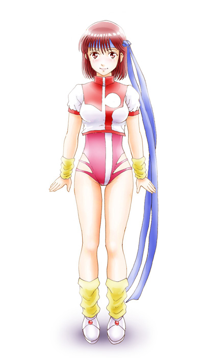 leica (leica xx), takaya noriko, top wo nerae!, top wo nerae! (series), bad id, bad pixiv id, 1girl, blush, bodysuit, brown eyes, brown hair, female focus, hairband, headband, leg warmers, legs, leotard, solo, swimsuit, swimsuit under clothes, wristband