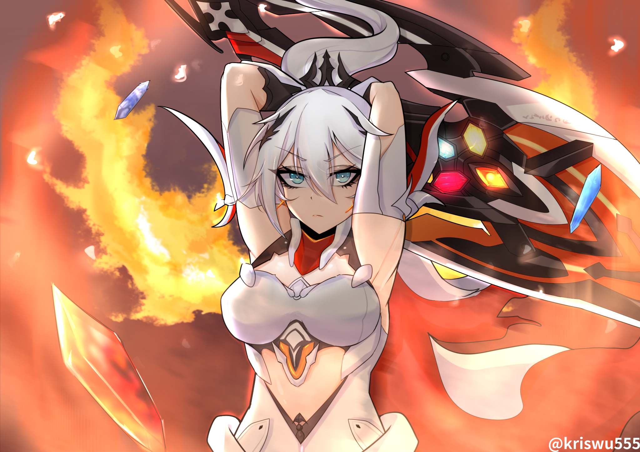 wuwuwu (kriswu555), kiana kaslana, kiana kaslana (herrscher of flamescion), honkai (series), honkai impact 3rd, commentary request, highres, 1girl, armor, armored dress, armpits, blue eyes, breasts, dress, explosion, holding, holding sword, holding weapon, large breasts, long hair, solo, sword, tiara, twitter username, upper body, weapon, white dress, white hair