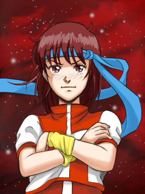 kaapee, takaya noriko, top wo nerae!, top wo nerae! (series), 1girl, brown eyes, brown hair, crossed arms, female focus, gunbuster pose, headband, leotard, solo