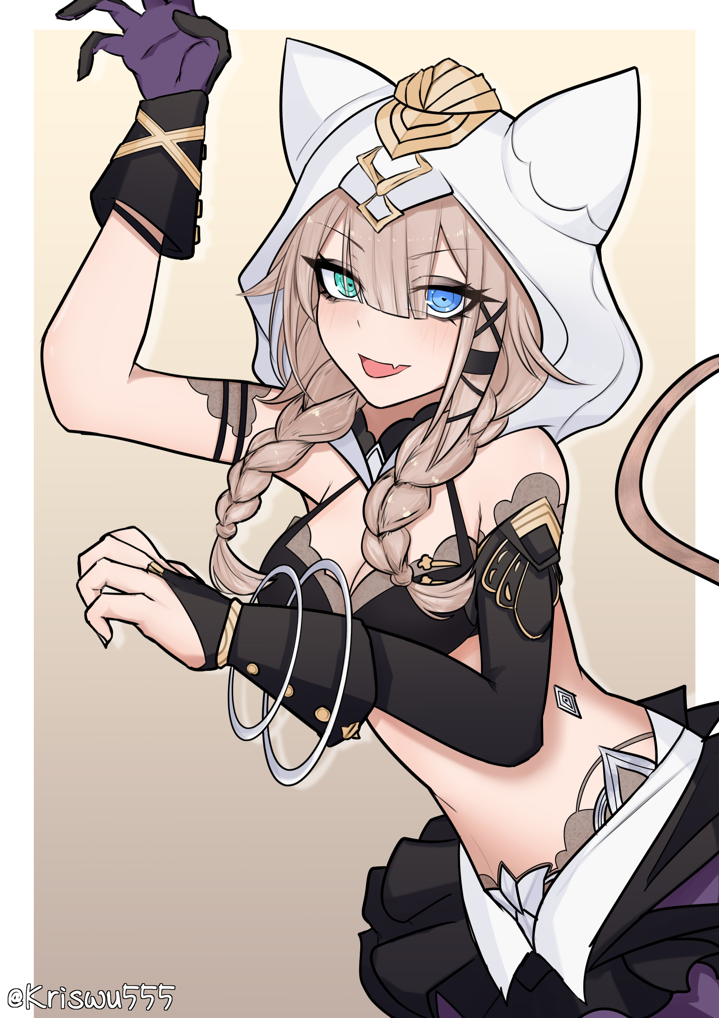 wuwuwu (kriswu555), pardofelis, pardofelis (reverist calico), honkai (series), honkai impact 3rd, commentary request, highres, 1girl, animal hood, asymmetrical gloves, bikini, bikini top only, black bikini, black gloves, blue eyes, border, breasts, brown background, brown hair, cat hood, cleavage, gloves, green eyes, heterochromia, hood, large breasts, mismatched gloves, navel, paw pose, short hair with long locks, simple background, solo, stomach, swimsuit, white border