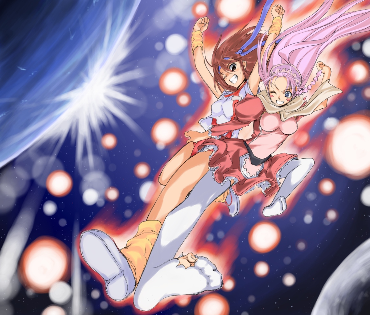 take shinobu, takesinobu, nono (top wo nerae 2!), takaya noriko, top wo nerae!, top wo nerae! (series), top wo nerae 2!, bad id, bad pixiv id, 00s, 2girls, blue eyes, braid, brown eyes, brown hair, crossover, earth (planet), feet, frills, grin, hairband, headband, inazuma kick, kicking, leg warmers, legs, leotard, long hair, maid, multiple girls, one eye closed, pink hair, planet, scarf, skirt, smile, thighhighs, time paradox, torn clothes, wink, wristband