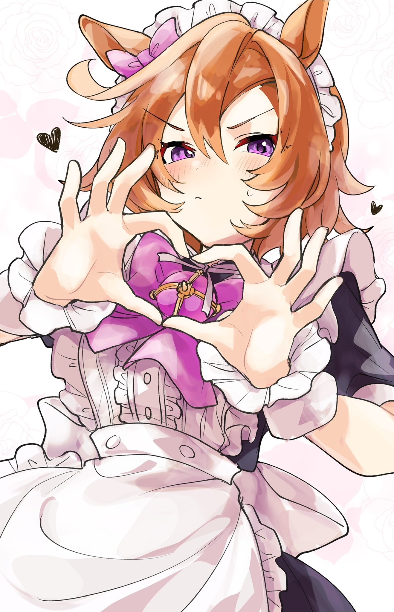 amano (amano miko), t.m. opera o (umamusume), umamusume, commentary request, highres, 1girl, alternate costume, animal ears, apron, black dress, blush, bow, bowtie, brown hair, closed mouth, dress, ear bow, ear ornament, enmaided, four-finger heart hands, frilled apron, frills, heart, heart hands, horse ears, horse girl, looking at viewer, maid, maid apron, maid headdress, purple bow, purple bowtie, purple eyes, short hair, short sleeves, simple background, solo, sweat, v-shaped eyebrows, white apron, white background, white headdress