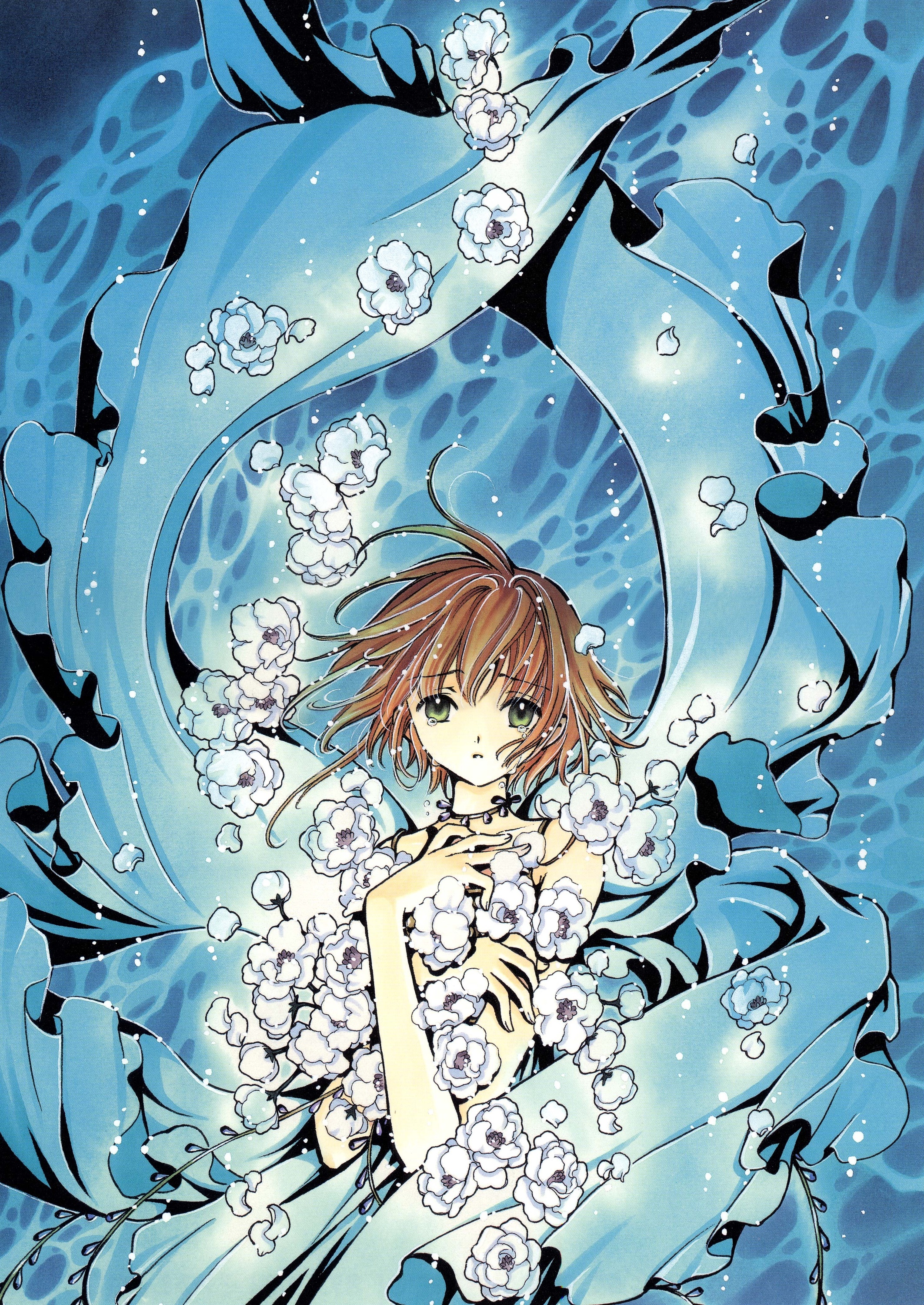 clamp, sakura hime, tsubasa chronicle, absurdres, highres, official art, 00s, 1girl, brown hair, child, female focus, flower, green eyes, short hair, solo, tears, water