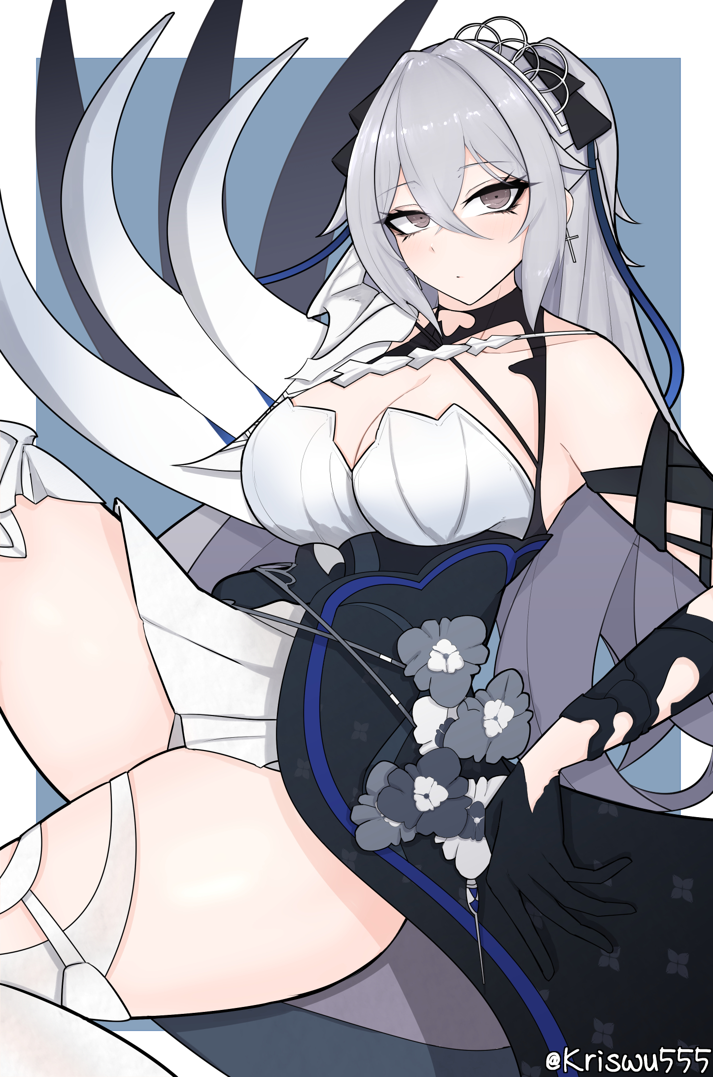 wuwuwu (kriswu555), bronya zaychik, bronya zaychik (silverwing: n-ex), honkai (series), honkai impact 3rd, commentary, highres, 1girl, blue background, border, breasts, cleavage, dress, grey eyes, grey hair, large breasts, long hair, solo, thighhighs, thighs, very long hair, white border, white dress, white thighhighs