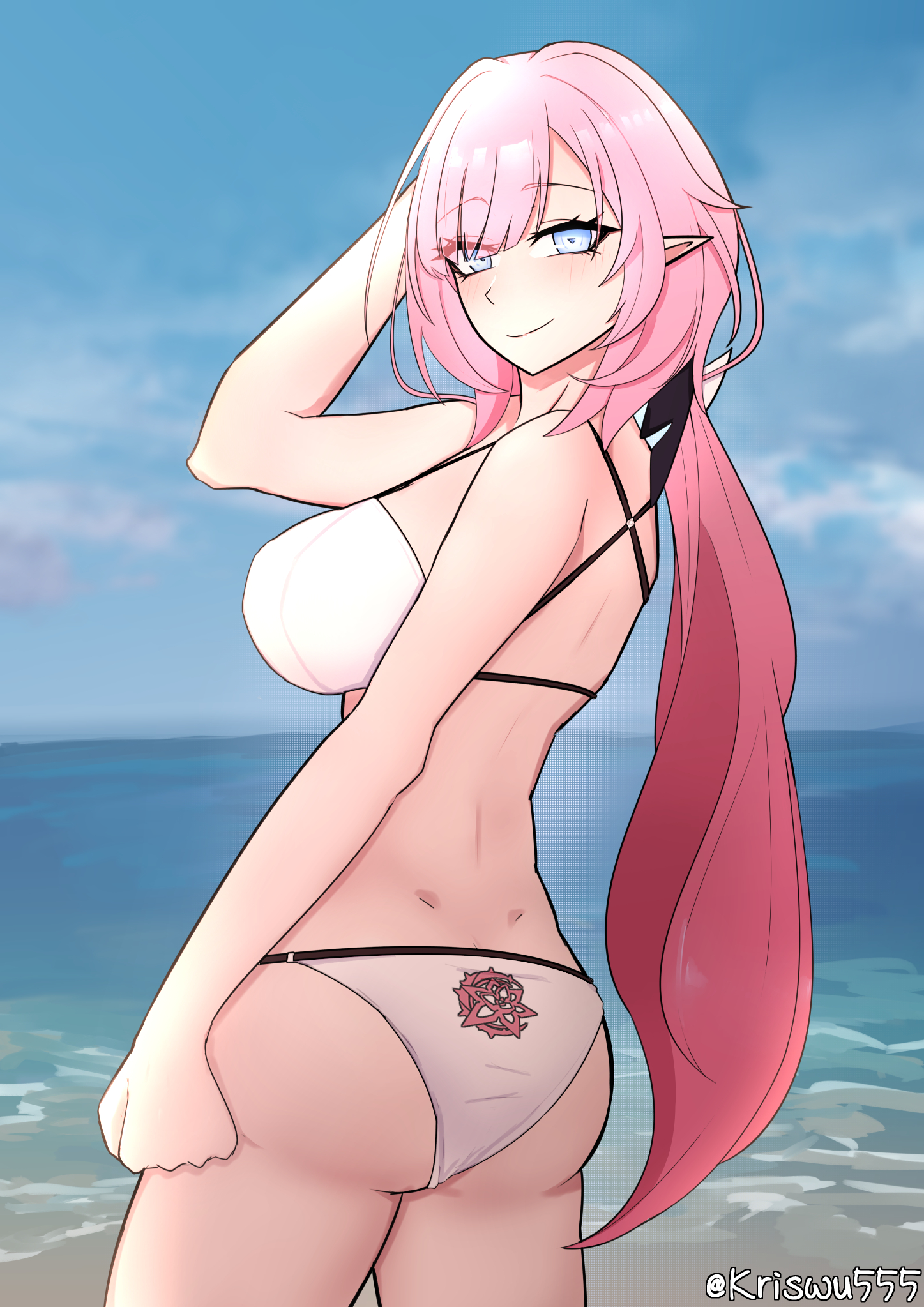 wuwuwu (kriswu555), elysia (honkai impact), honkai (series), honkai impact 3rd, commentary request, highres, 1girl, alternate costume, ass, bikini, blue eyes, blue sky, breasts, elf, from behind, large breasts, long hair, multicolored hair, ocean, outdoors, pink hair, pointy ears, sky, smile, solo, swimsuit, two-tone hair, very long hair, white bikini