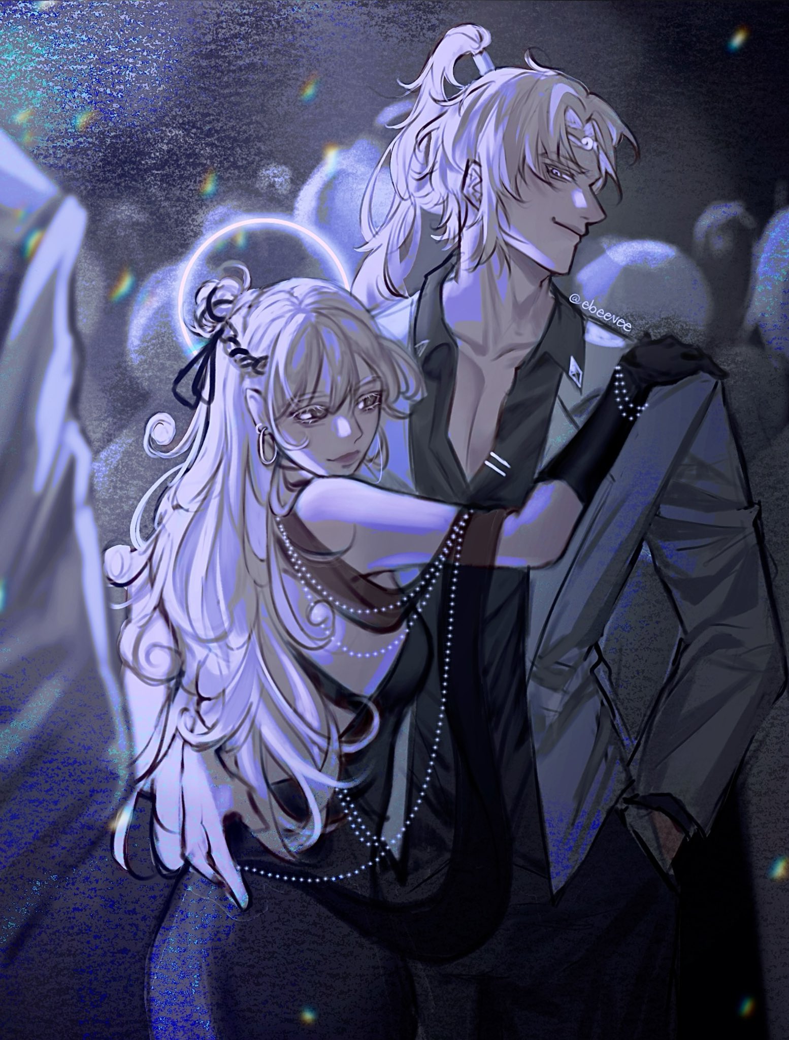 evie (baoxiao), sun wukong (omniscient reader's viewpoint), uriel (omniscient reader's viewpoint), omniscient reader's viewpoint, highres, 1boy, 1girl, aegyo sal, black dress, black gloves, black shirt, blonde hair, bracelet, brown eyes, coat, collared shirt, cowboy shot, dress, elbow gloves, film grain, gloves, grey coat, hair bun, hand in pocket, hand on another's shoulder, headband, hetero, high ponytail, jewelry, lens flare, long hair, looking at another, multiple boys, pearl bracelet, pectoral cleavage, pectorals, people, ponytail, rainbow, shirt, smile, smirk, very long hair, yellow eyes