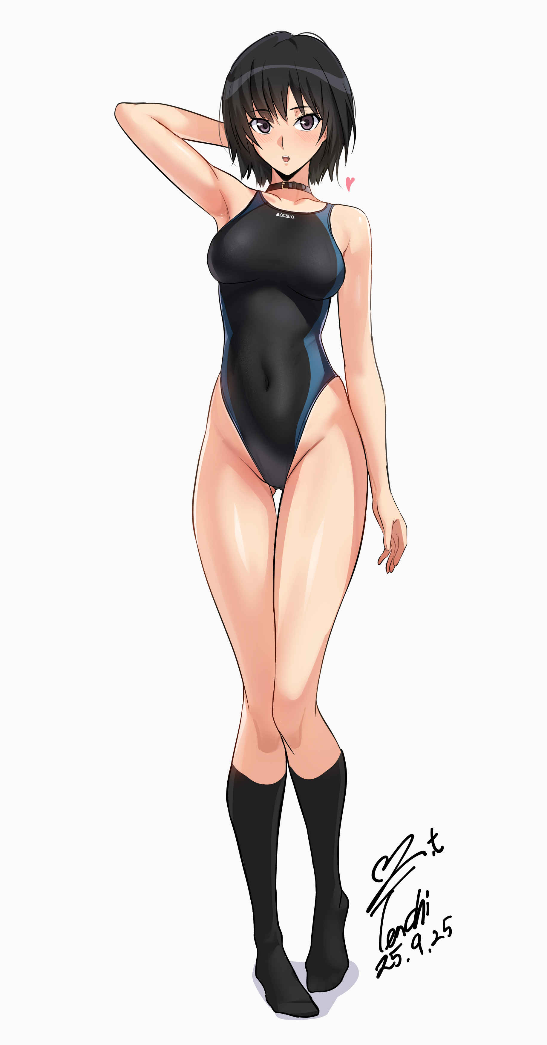 yoo tenchi, nanasaki ai, amagami, absurdres, commentary request, highres, 1girl, arm behind head, arm up, armpits, bare arms, black choker, black eyes, black hair, black one-piece swimsuit, black socks, blue one-piece swimsuit, breasts, choker, closed mouth, competition swimsuit, dated, full body, gluteal fold, hair between eyes, highleg, highleg one-piece swimsuit, japanese clothes, kimono, kneehighs, large breasts, looking at viewer, no shoes, one-piece swimsuit, one-piece tan, open mouth, short hair, signature, simple background, smile, socks, solo, standing, swimsuit, tan, tanline, thigh gap, two-tone one-piece swimsuit, white background, wide sleeves, yukata