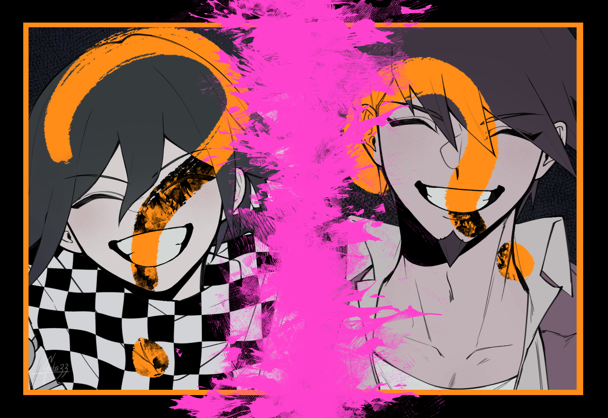 gaba33, momota kaito, oma kokichi, danganronpa (series), danganronpa v3: killing harmony, commentary request, highres, spoilers, 2boys, ?, ^ ^, black border, black bow, black scarf, blood, blood splatter, border, bow, checkered clothes, checkered scarf, closed eyes, coat, collarbone, collared coat, collared jacket, grey jacket, grin, hair between eyes, happy, jacket, lapels, male focus, multiple boys, notched lapels, open clothes, open jacket, pale skin, pectoral cleavage, pectorals, pink blood, purple coat, scarf, shirt, short hair, smile, split theme, two-tone scarf, upper body, white jacket, white scarf, white shirt