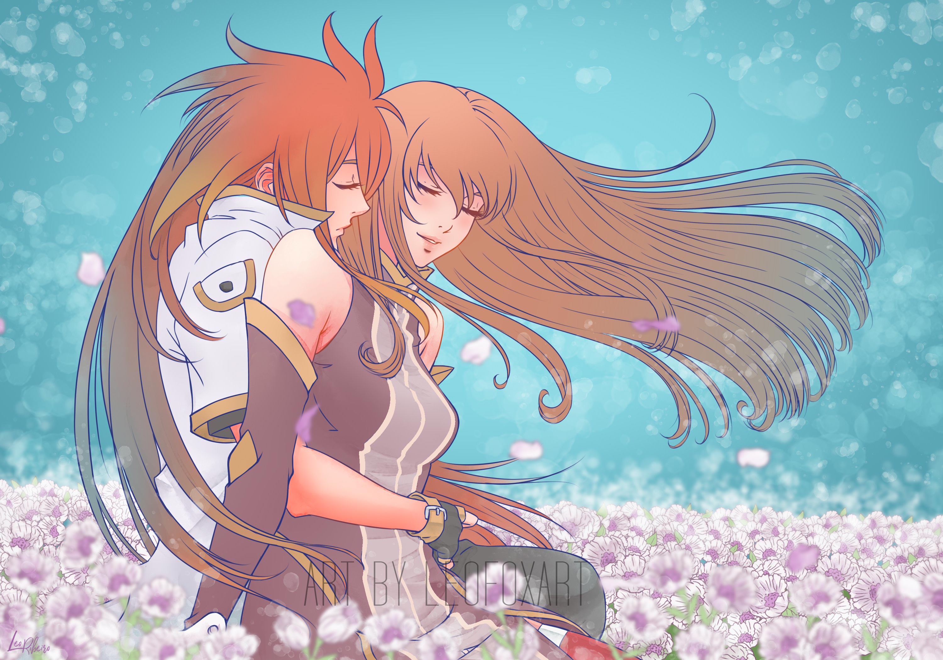 leofoxart, luke fon fabre, tear grants, tales of (series), tales of the abyss, commentary, english commentary, highres, 1boy, 1girl, arm around waist, bare shoulders, blush, breasts, brown dress, brown hair, brown sleeves, closed eyes, couple, detached sleeves, dress, falling petals, field, floating hair, flower, flower field, from side, high collar, hug, hug from behind, jacket, long hair, medium breasts, parted lips, petals, popped collar, profile, purple flower, purple petals, red hair, short sleeves, sitting, sleeveless, sleeveless dress, white flower, white jacket, white petals