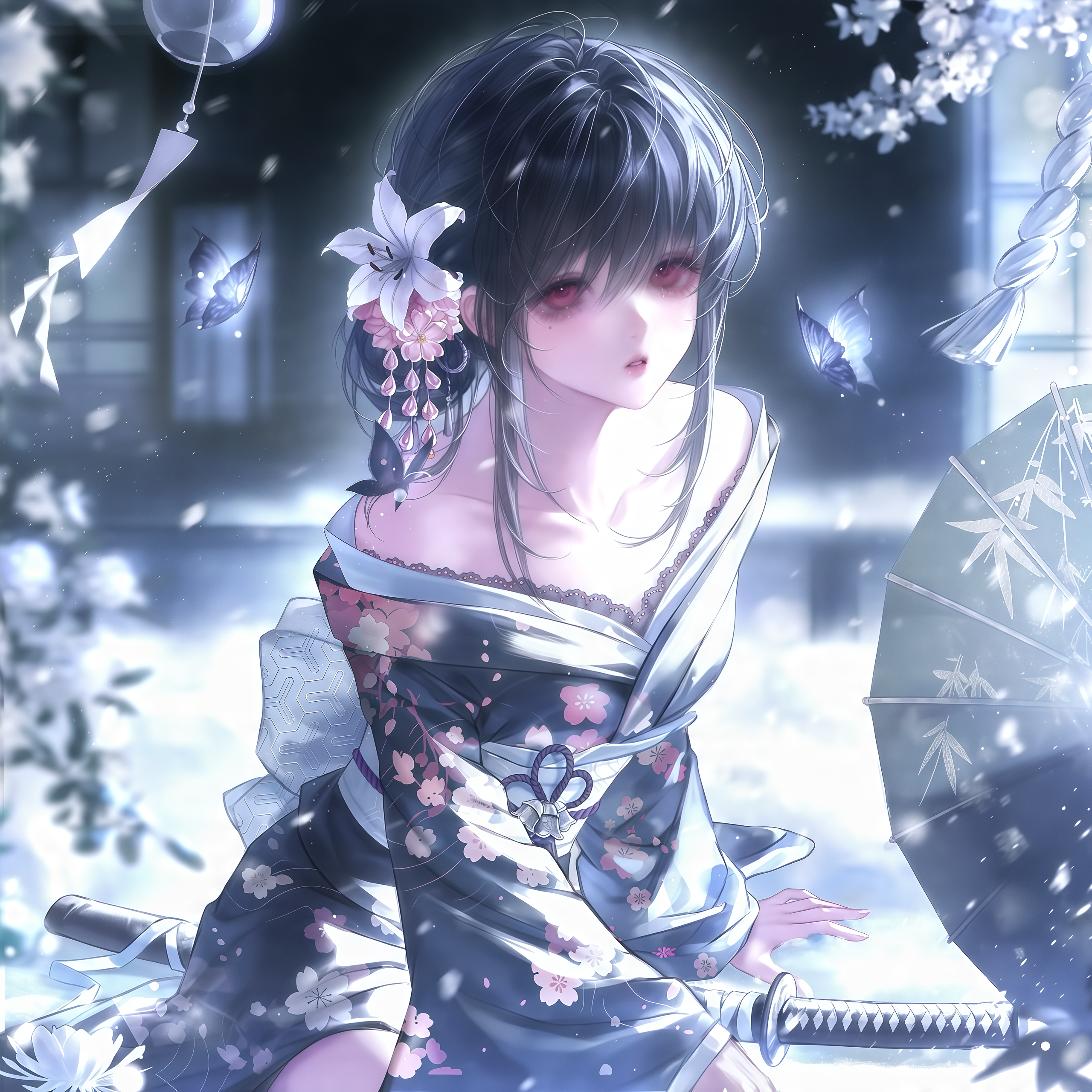 er keke er, original, absurdres, highres, 1girl, bare shoulders, black hair, blurry, bug, butterfly, collarbone, floral print, flower, hair flower, hair ornament, insect, japanese clothes, katana, kimono, long hair, looking at viewer, obi, off shoulder, parted lips, red eyes, sash, sheath, sheathed, sitting, solo, sword, umbrella, weapon, wind chime