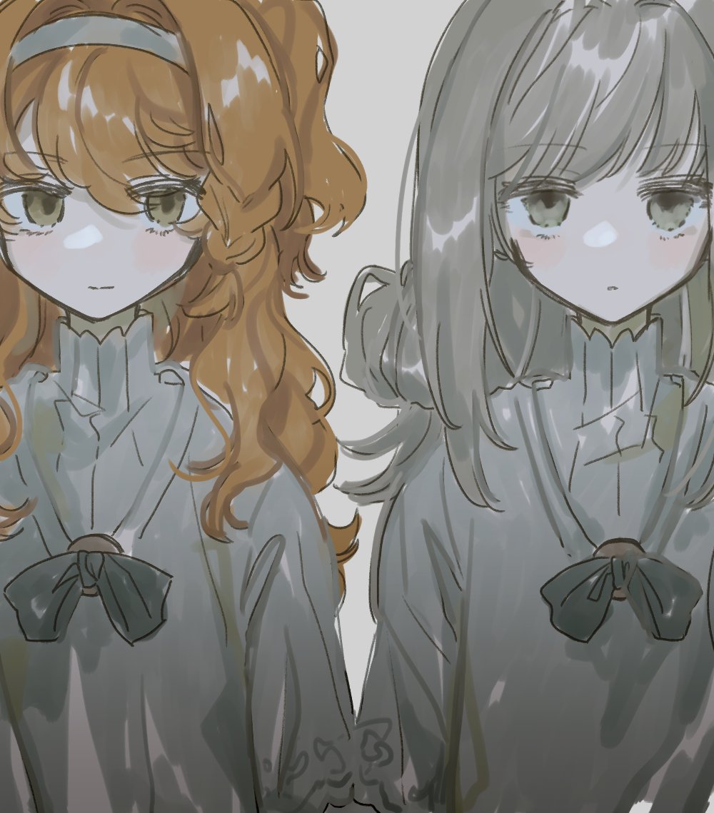 sonetto (reverse:1999), vertin (reverse:1999), reverse:1999, 2girls, 8ru, aged down, black bow, black bowtie, bow, bowtie, dress, green eyes, grey background, grey eyes, grey hair, hair bun, hairband, long hair, looking at viewer, multiple girls, orange hair, side-by-side, single side bun, traditional bowtie, two side up, white dress, white hairband