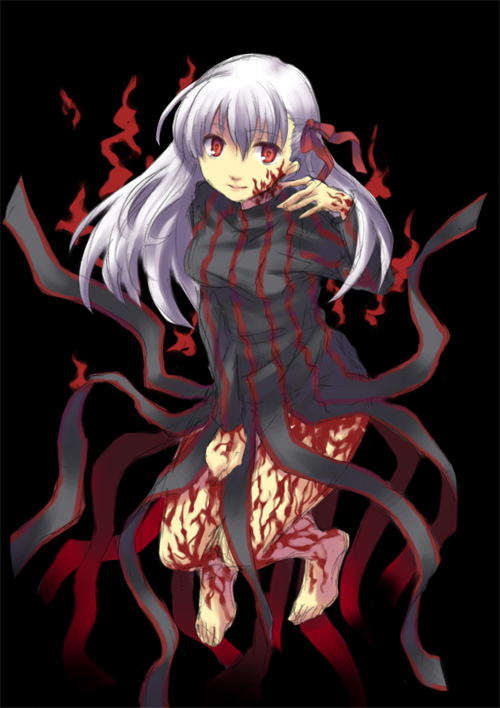 yone f15, dark sakura, matou sakura, fate/stay night, fate (series), striped, bad id, bad pixiv id, 00s, 1girl, barefoot, female focus, full body, hair ribbon, long hair, red eyes, ribbon, solo, turtleneck, white hair