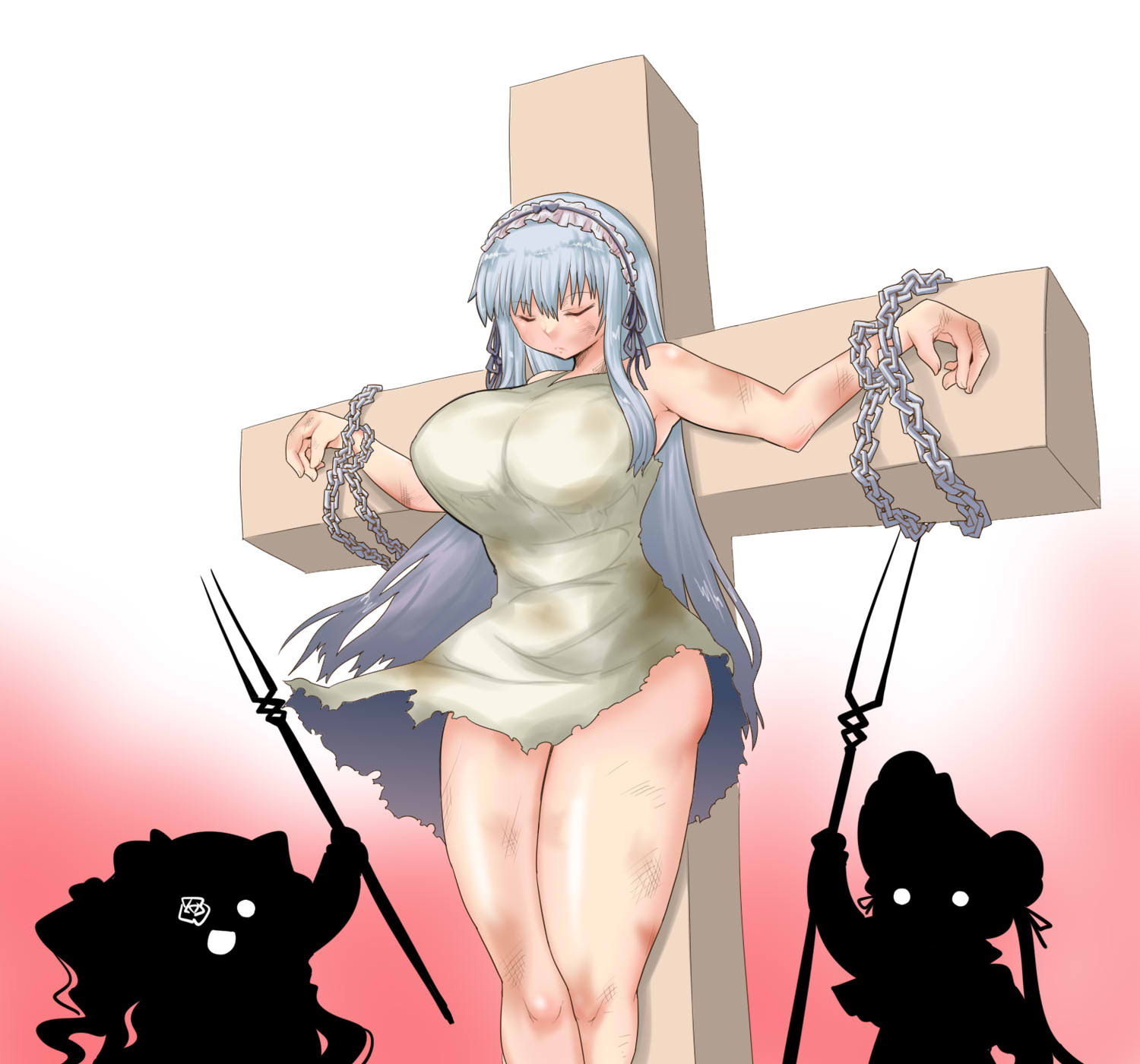 itini-sanshi, kirakishou, shinku, suigintou, rozen maiden, commentary request, highres, 3girls, alternate breast size (larger), black hairband, breasts, chain, closed mouth, cross, crucifixion, feet out of frame, frilled hairband, frills, grey hair, grey tunic, hairband, huge breasts, lance of longinus (evangelion), long hair, multiple girls, pink background, polearm, solo focus, spear, tunic, weapon
