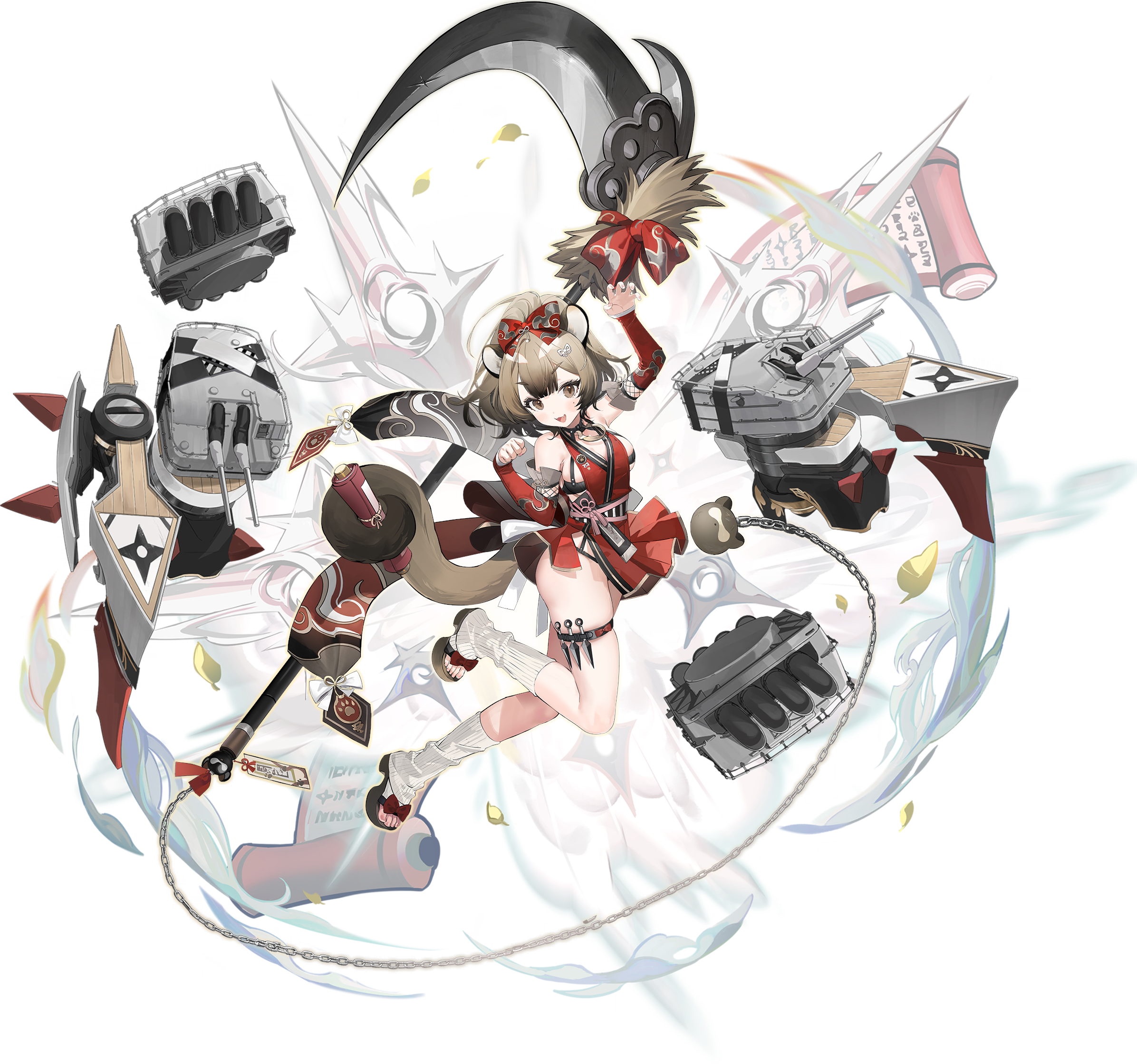 namyo, taekaze (azur lane), azur lane, artist request, check artist, highres, non-web source, official art, 1girl, animal ears, arm warmers, black sandals, bow, breasts, brown eyes, brown hair, claw pose, fishnets, full body, hair bow, hair ornament, japanese clothes, kimono, kunai, large breasts, looking at viewer, medium hair, ninja, red kimono, rigging, sandals, ship turret, shuriken, smile, socks, solo, tail, thigh strap, torpedo tubes, weapon, white socks