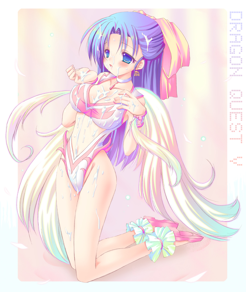 alto seneka, flora (dq5), dragon quest, dragon quest v, bad id, bad pixiv id, 1girl, angel leotard, ankle garter, blue eyes, blue hair, blush, bow, breasts, choker, cleavage, collarbone, copyright name, cum, cum on body, cum on breasts, cum on upper body, earrings, facial, female focus, hair bow, half updo, highleg, highleg leotard, jewelry, kneeling, leotard, long hair, matching hair/eyes, medium breasts, pink bow, shoes, solo, wings, wrist cuffs