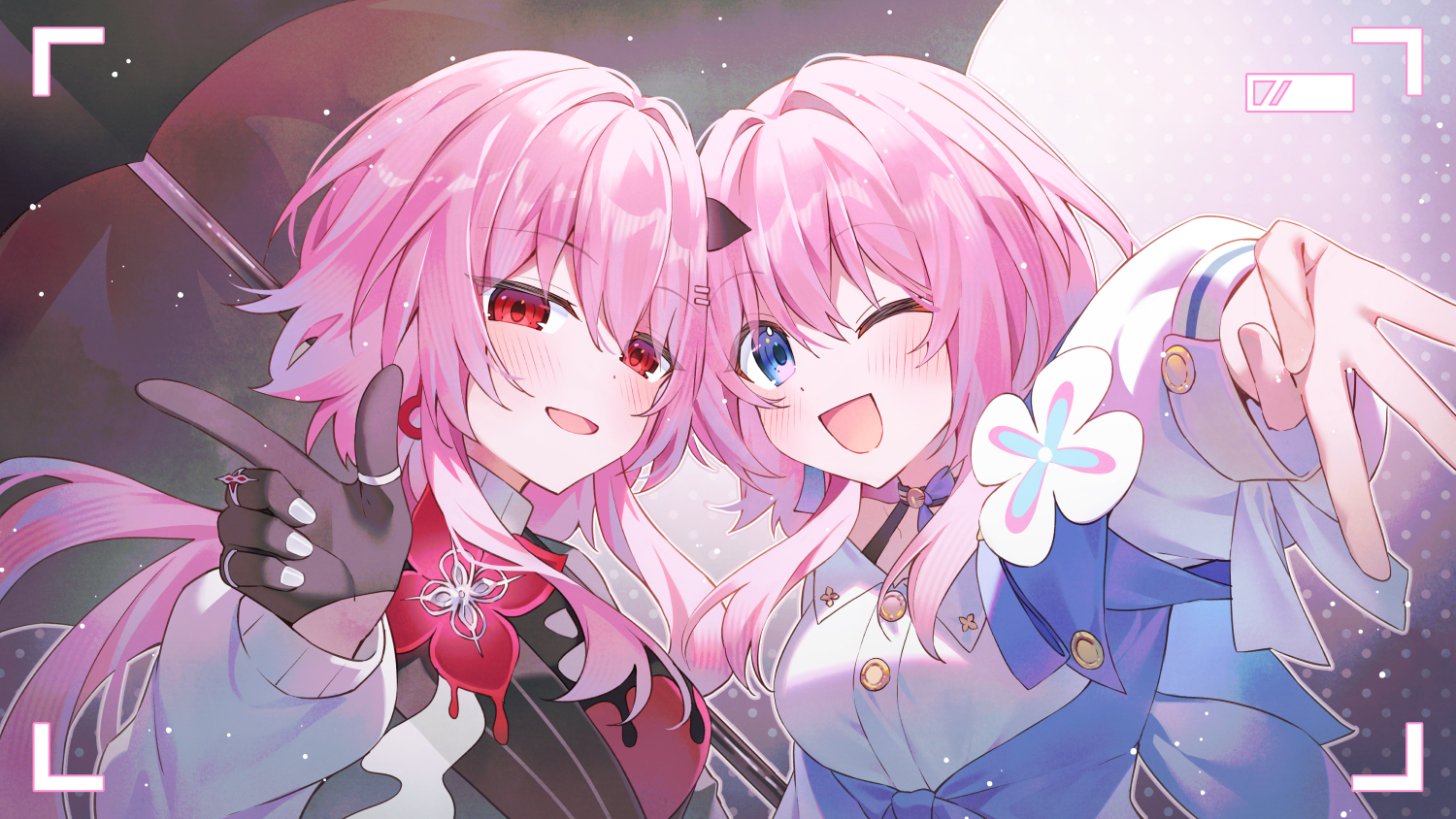 binato lulu, evernight (honkai: star rail), march 7th (honkai: star rail), march 7th (preservation) (honkai: star rail), honkai: star rail, honkai (series), commentary, english commentary, 2girls, black choker, black gloves, blue eyes, blue jacket, blush, bra strap, breasts, buttons, choker, dual persona, earrings, flower ornament, gloves, holding, holding umbrella, jacket, jewelry, long hair, long sleeves, looking at viewer, medium breasts, medium hair, multicolored eyes, multiple girls, one eye closed, open mouth, pink hair, red eyes, shirt, single earring, smile, tied jacket, two-tone eyes, umbrella, underbust, upper body, v, viewfinder, w, white shirt
