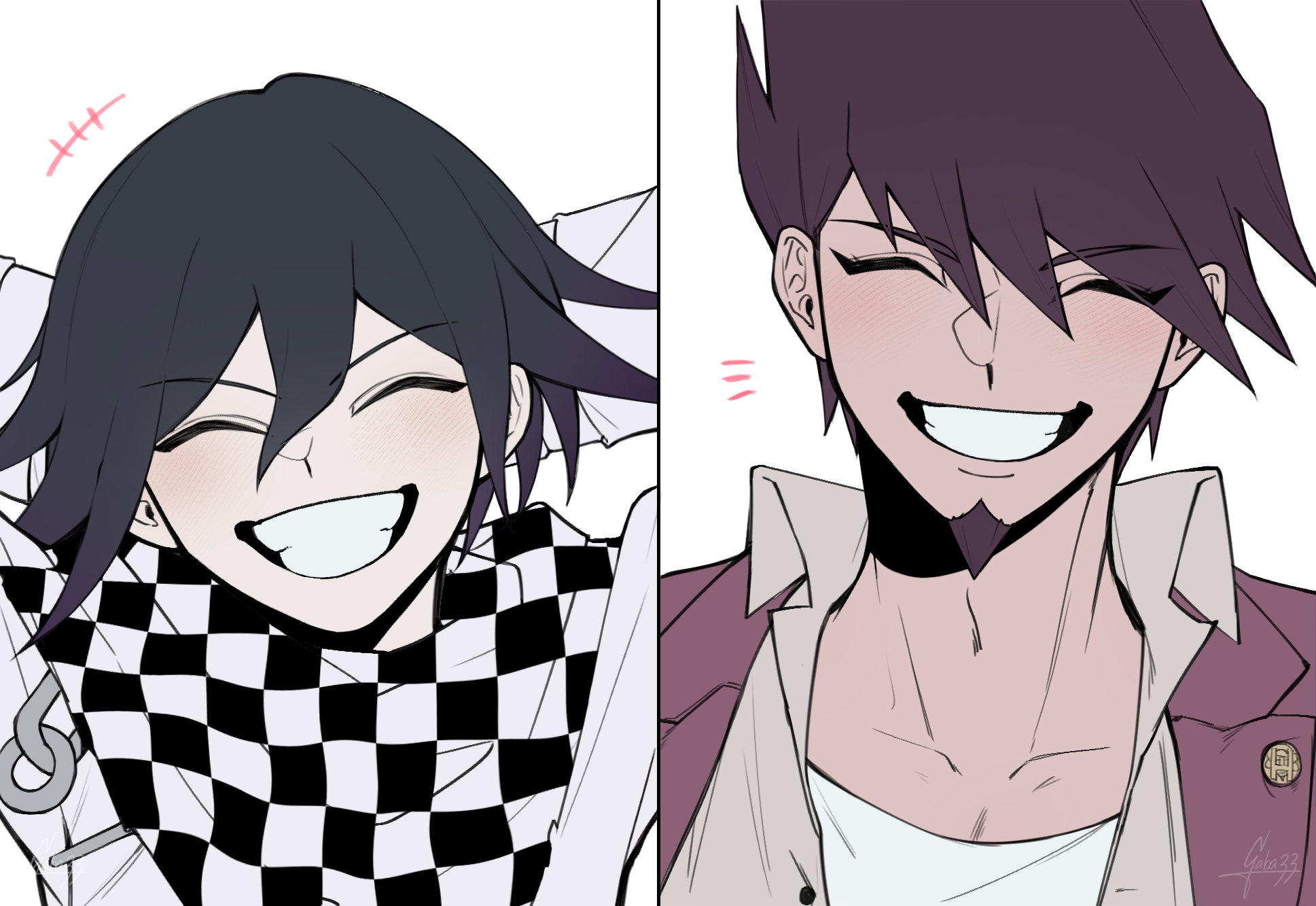 gaba33, momota kaito, oma kokichi, danganronpa (series), danganronpa v3: killing harmony, commentary request, highres, +++, 2boys, ^ ^, arms behind head, belt, black scarf, chain, checkered clothes, checkered scarf, closed eyes, coat, collarbone, collared coat, collared jacket, eyes visible through hair, facial hair, goatee, grey jacket, grin, hair between eyes, happy, jacket, lapel pin, lapels, light blush, long sleeves, male focus, multiple boys, notched lapels, notice lines, open clothes, open coat, open jacket, pale skin, pectoral cleavage, pectorals, purple coat, purple hair, scarf, shirt, short hair, signature, simple background, smile, spiked hair, split theme, thick eyebrows, torn clothes, torn scarf, two-tone scarf, upper body, white background, white belt, white jacket, white scarf, white shirt, wrist belt