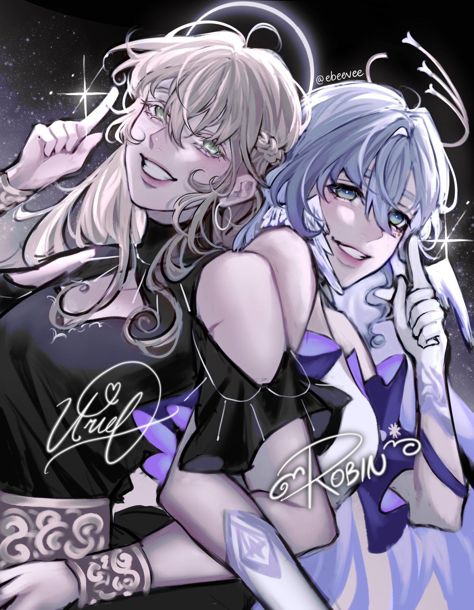 evie (baoxiao), robin (honkai: star rail), uriel (omniscient reader's viewpoint), honkai: star rail, honkai (series), omniscient reader's viewpoint, highres, 2girls, :d, above-cleavage cutout, bangle, black dress, blonde hair, blue hair, bracelet, character name, clothing cutout, corset, crossover, cursive, dress, english text, gloves, glowing, green eyes, grin, hair between eyes, halo, halo behind head, head wings, index finger raised, jewelry, locked arms, long hair, looking at viewer, multiple girls, open mouth, shoulder cutout, smile, sparkle, trait connection, upper body, very long hair, white dress, white gloves, wings