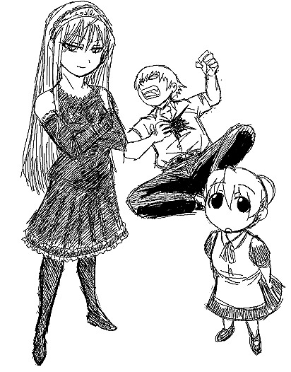 matsuya, flandre (kaibutsu oujo), hime (kaibutsu oujo), hiyorimi hiro, kaibutsu oujo, 00s, 1boy, 2girls, lying, maid, monochrome, multiple girls, sketch, standing, white background