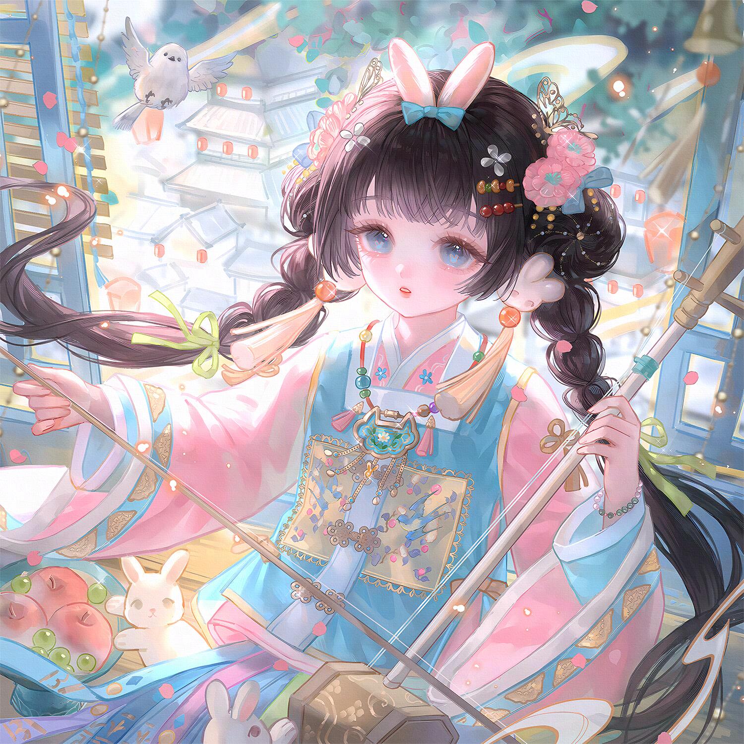 huposuan, original, highres, large variant set, variant set, 1girl, animal ears, architecture, bird, black hair, blue eyes, braid, chinese clothes, flower, hair flower, hair ornament, holding, jewelry, long hair, long sleeves, parted lips, rabbit, rabbit ears, solo, twin braids