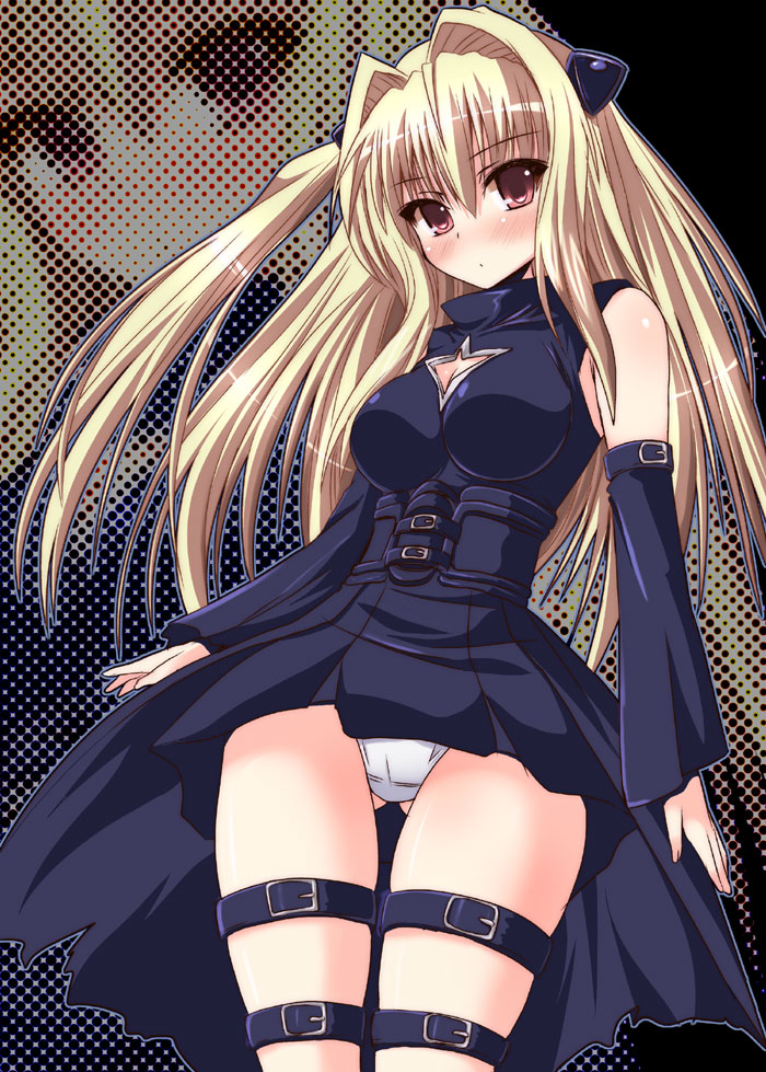 shinshin, konjiki no yami, to love-ru, 00s, blonde hair, blush, cleavage cutout, clothing cutout, detached sleeves, long hair, panties, red eyes, solo, thigh strap, underwear, zoom layer