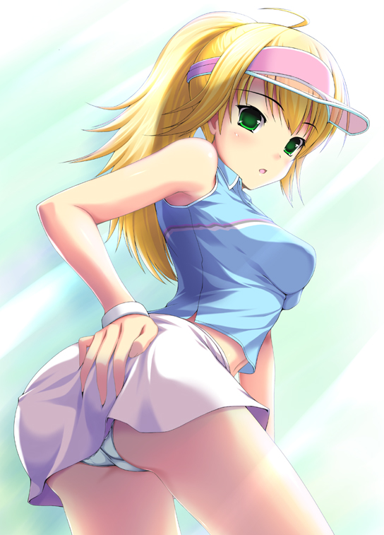nomura teruya, hoshii miki, idolmaster, idolmaster (classic), 00s, 1girl, ahoge, ass, blonde hair, clothes lift, female focus, grabbing own ass, green eyes, long hair, navel, panties, ponytail, skirt, skirt lift, solo, sportswear, tennis uniform, teruya nomura, underwear, upskirt, visor cap
